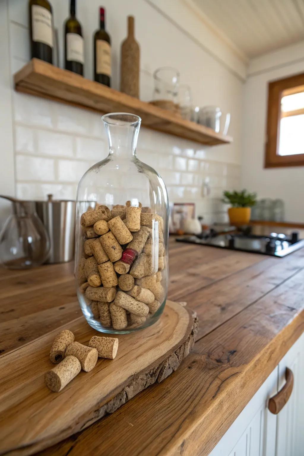 Incorporate a rustic element with drink stoppers as enhancers.