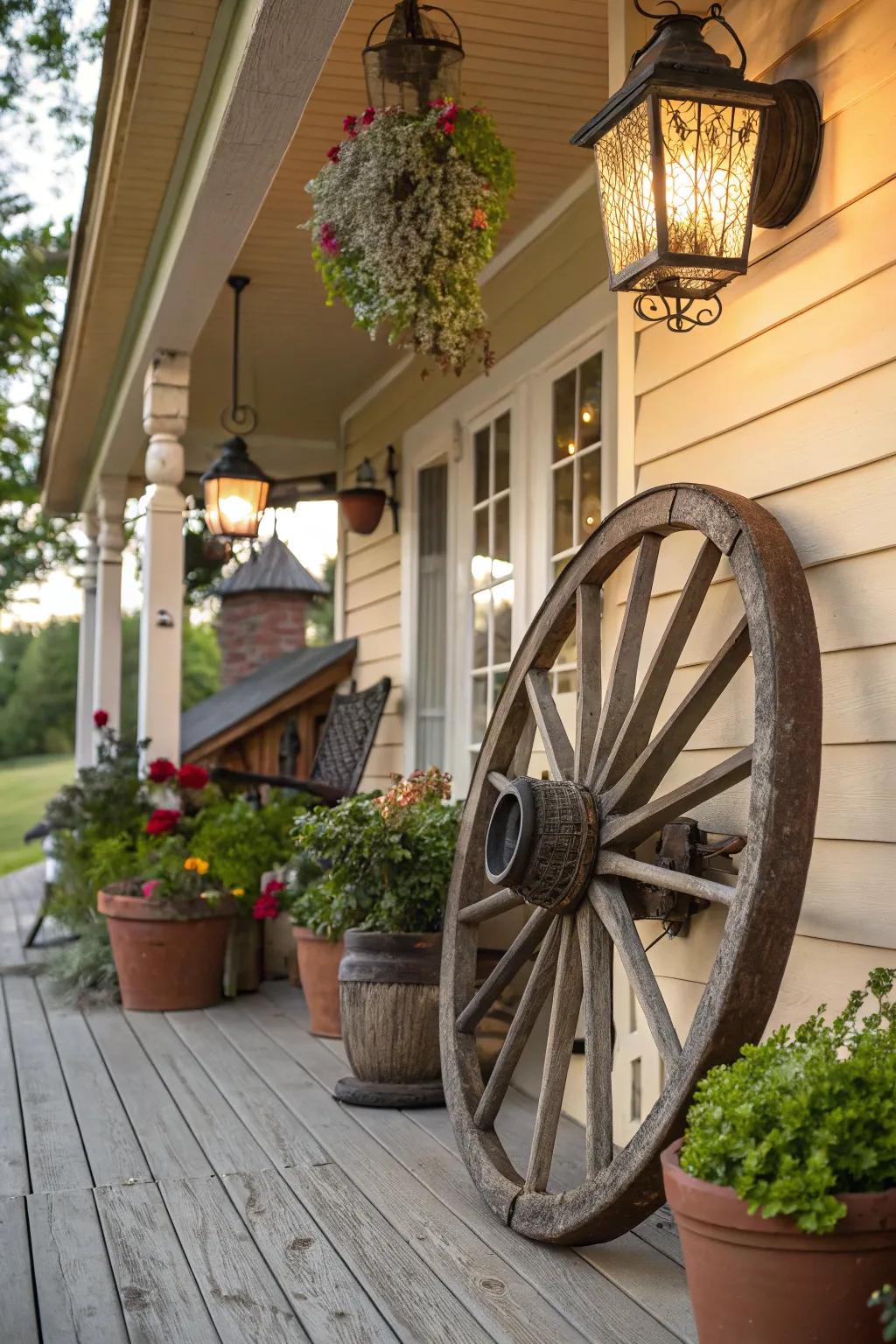 A cartwheel serving as the centerpiece of a welcoming entrance patio arrangement.