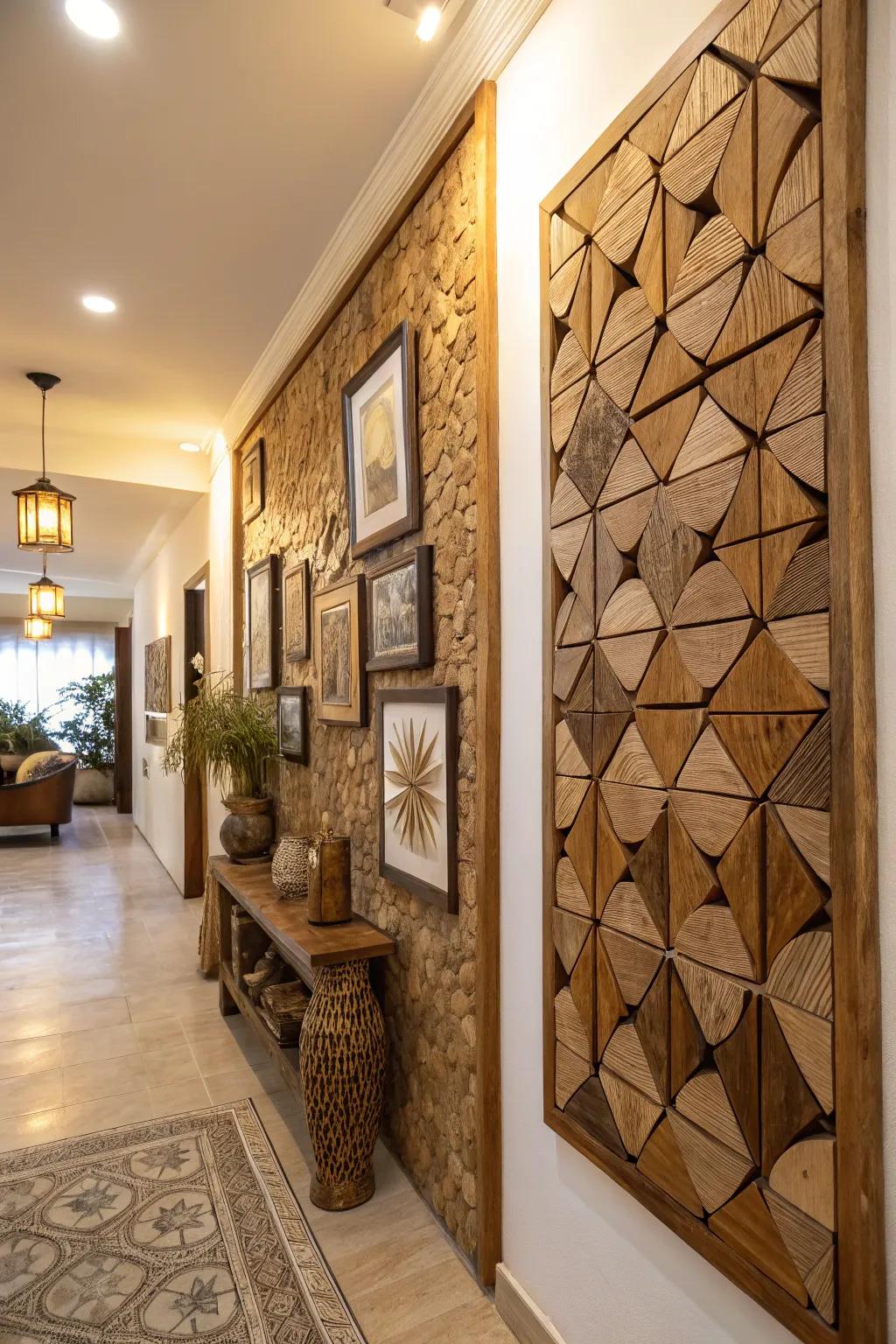 Design unique art using wooden mosaics.