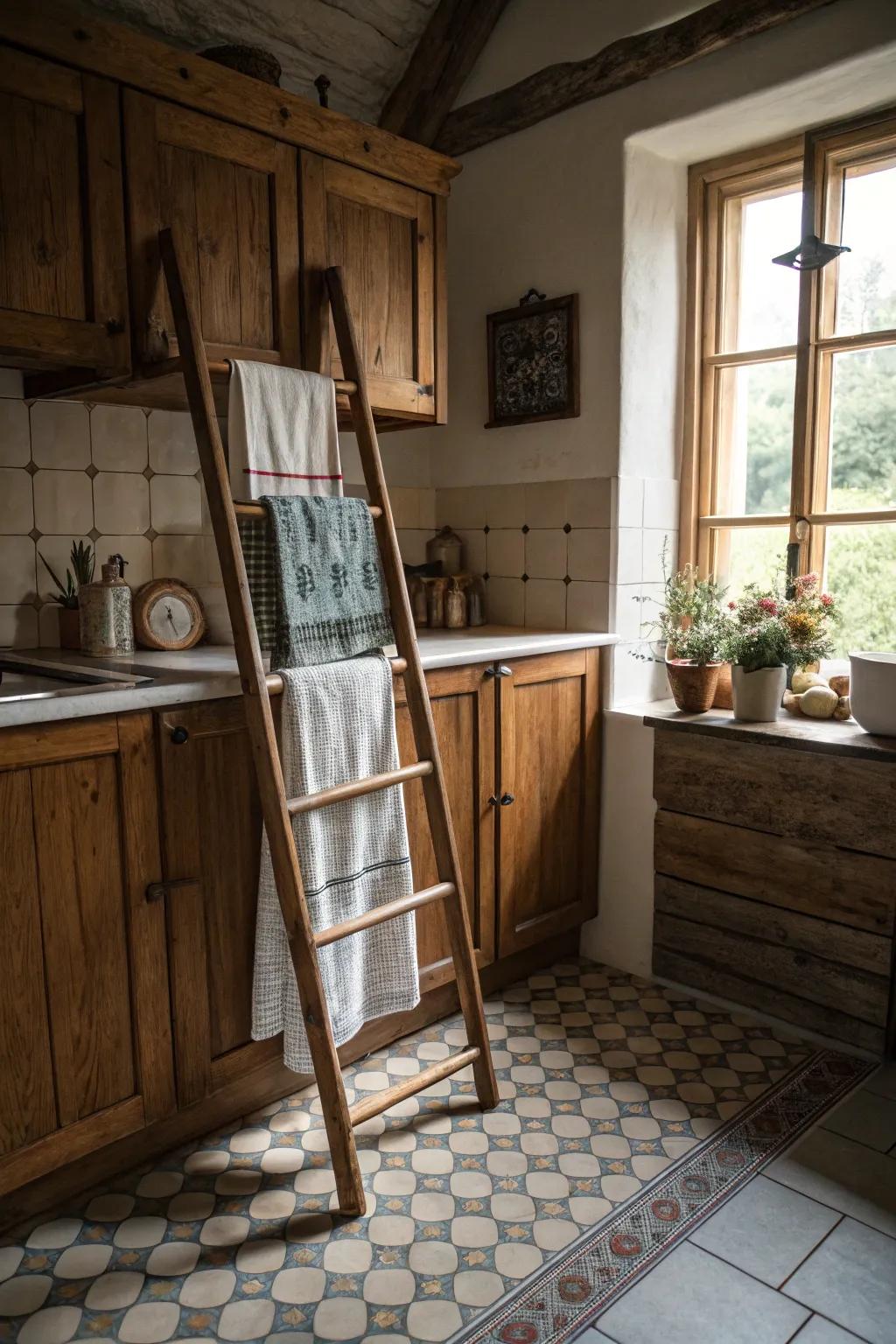 Reimagine a ladder frame for a charming and unique kitchen towel display.