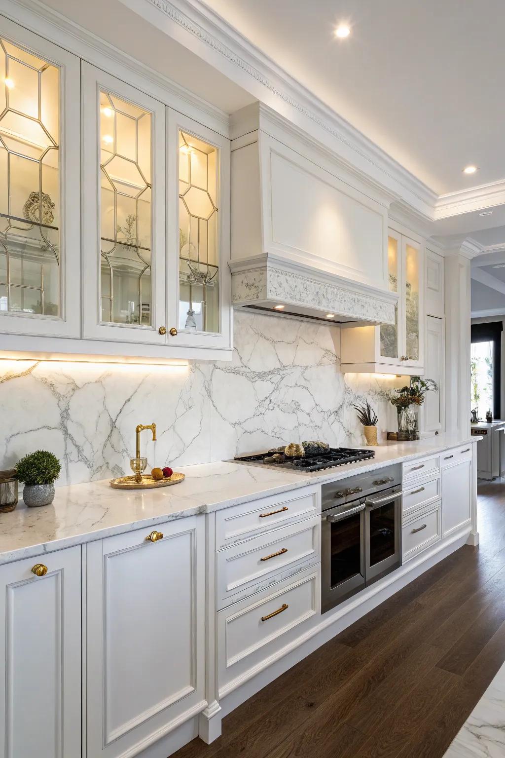 Pure stone panels bestowing timeless elegance upon white cabinets.