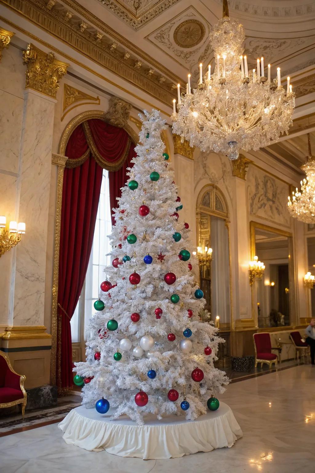 Glamorous jewel tones on a white Christmas tree.