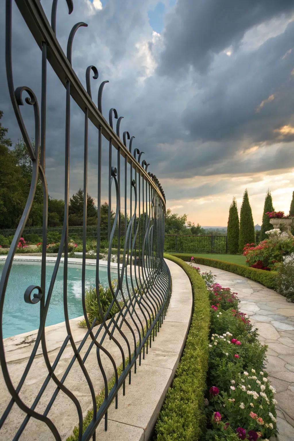 Curved lines in the metal barrier create an elegant flow around the pool.