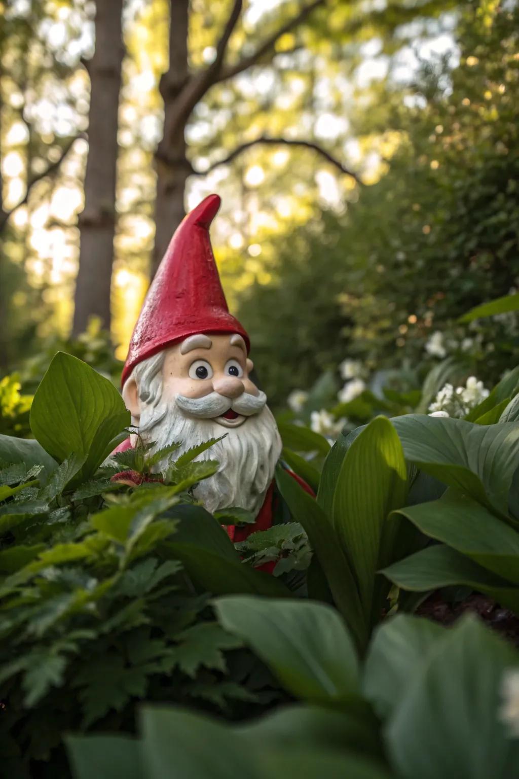 Whimsical garden gnomes add a playful touch to this garden.