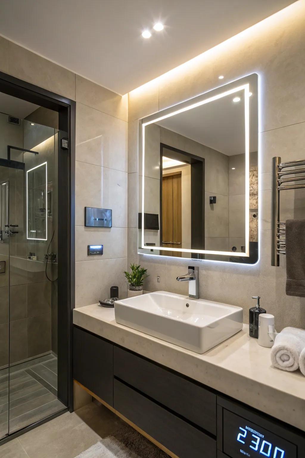 Smart mirror technology enhancing modern bathroom functionality.