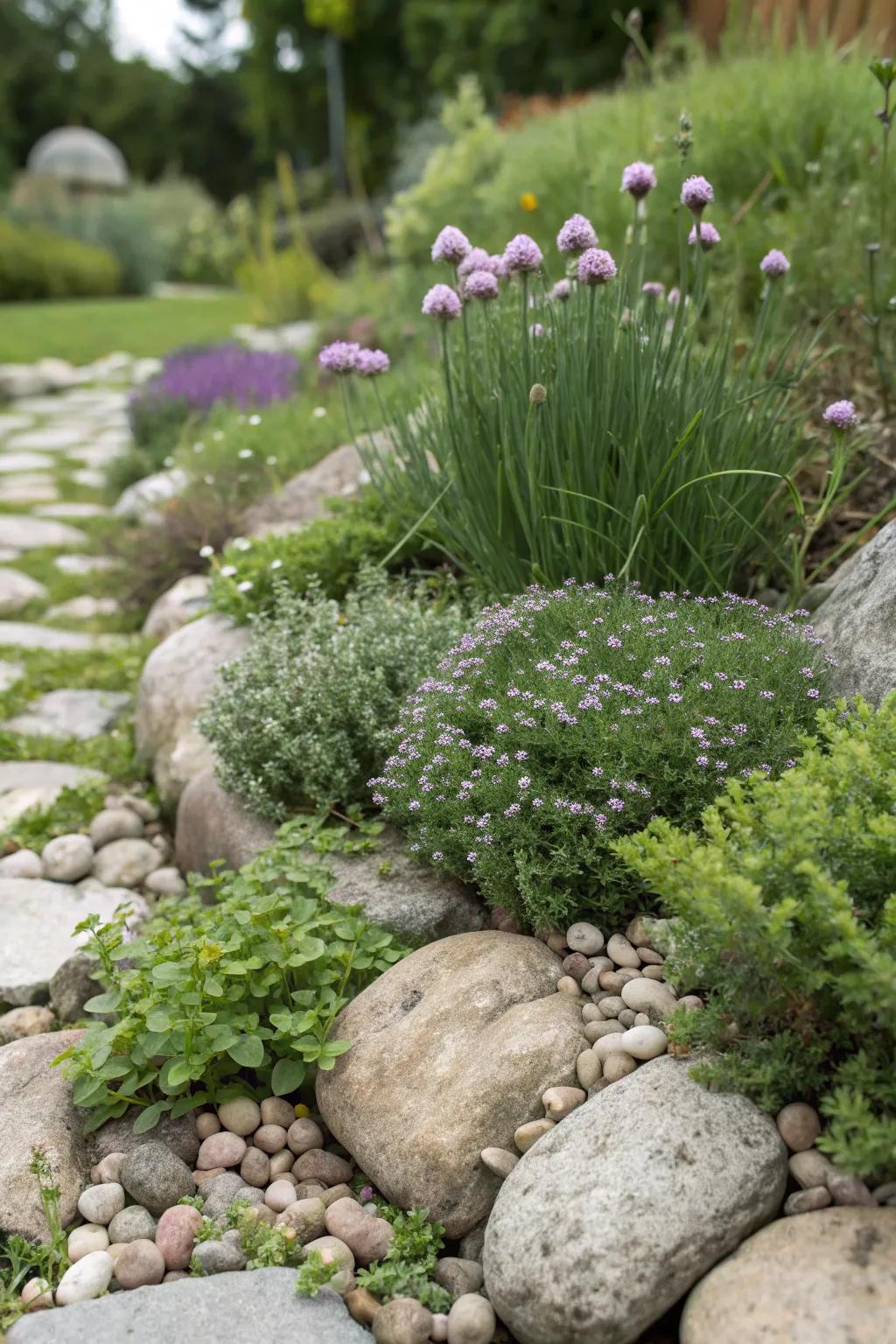 A scrumptious alpine garden featuring edible herbs.