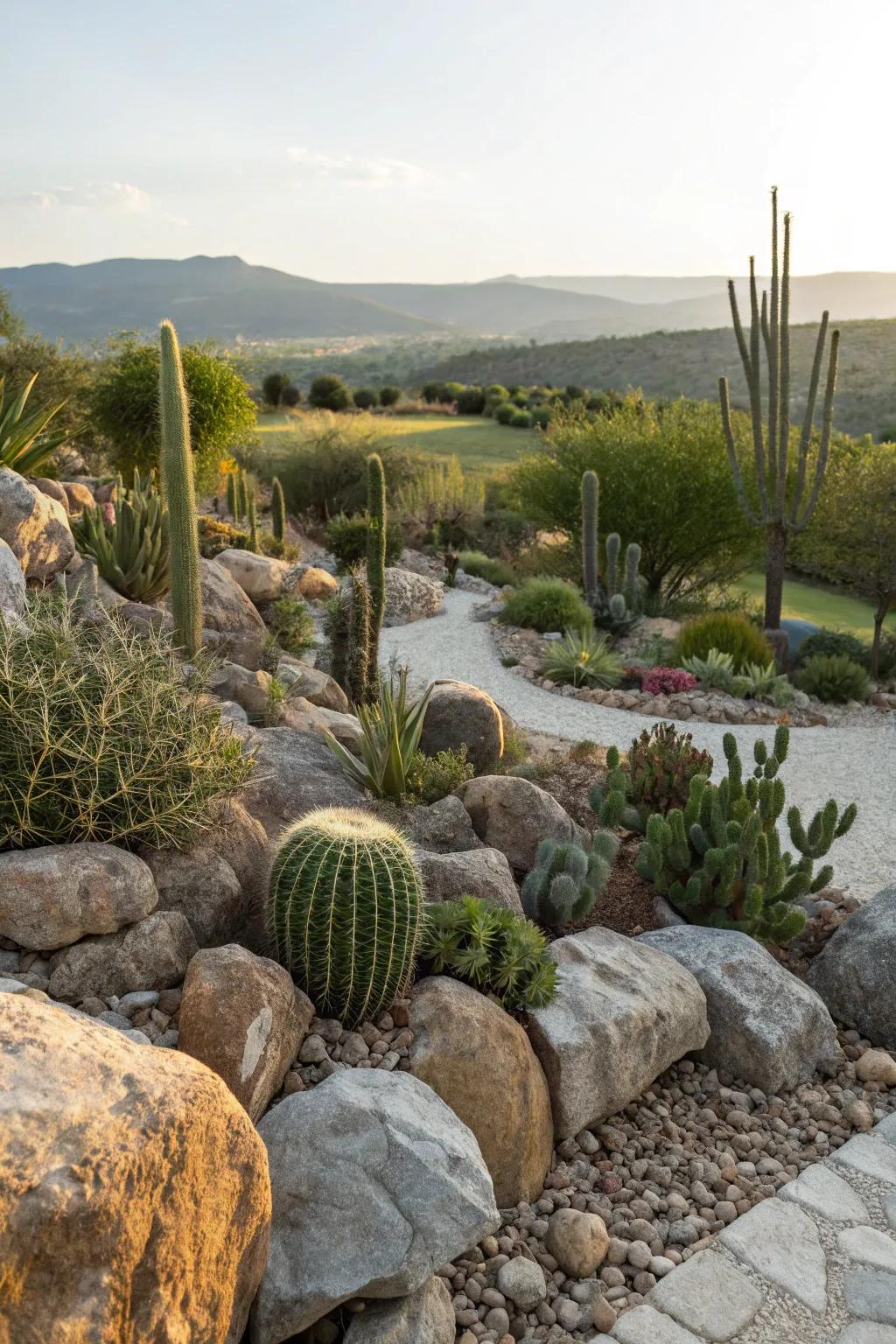 Cacti and rocks seamlessly combine to forge a natural desert feel.