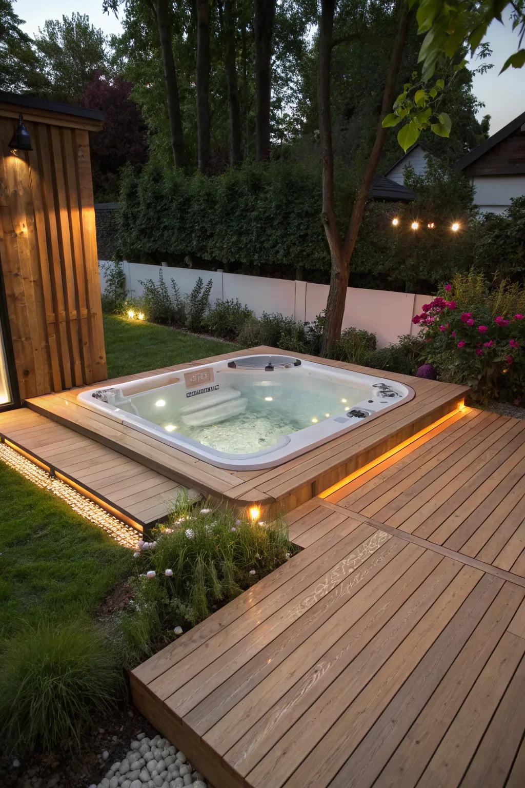 A sunken hot tub creates a sleek and expansive look.