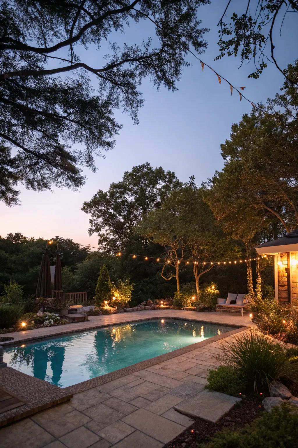 A magical pool ambiance with strategic lighting.