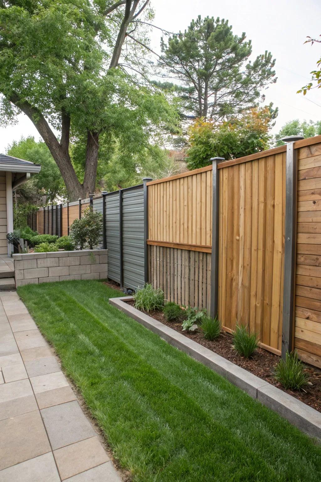 A creative mix of materials fashioning a stylish privacy barrier.