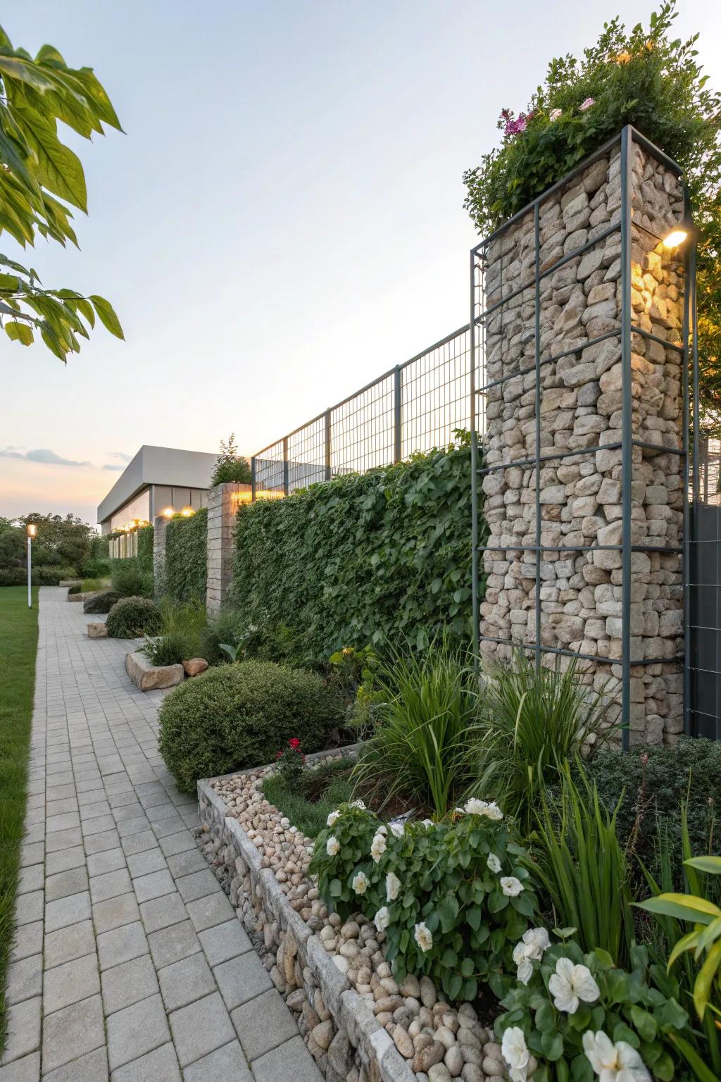 Gabion walls provide a sturdy and eye-catching privacy solution.