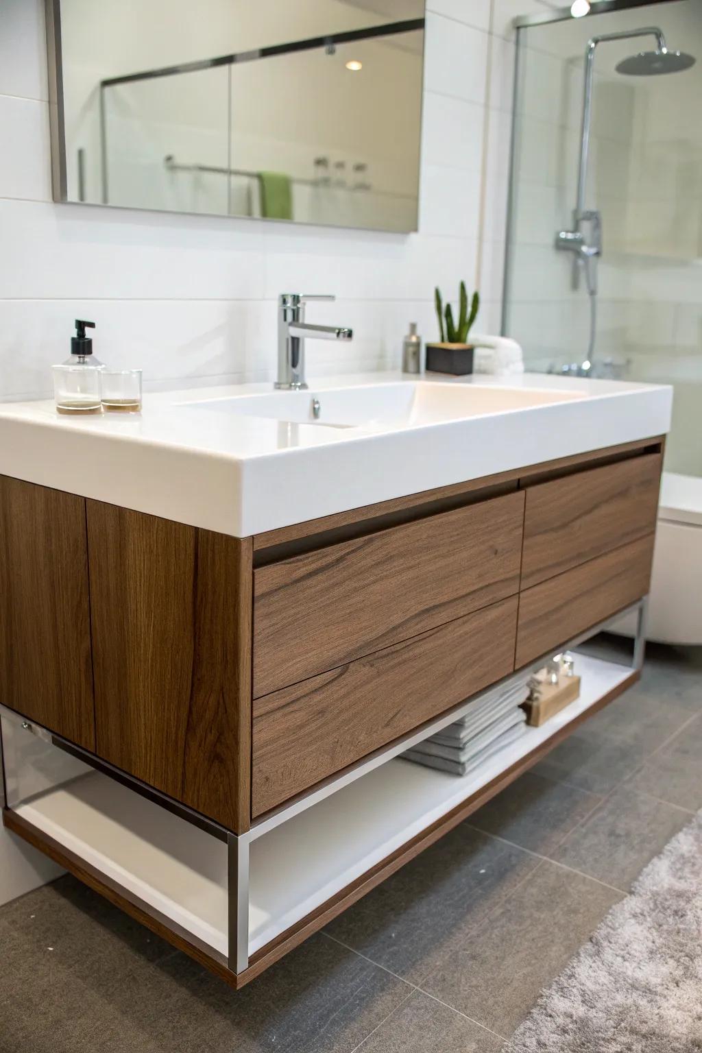 A suspended console provides a light and contemporary bathroom aesthetic.