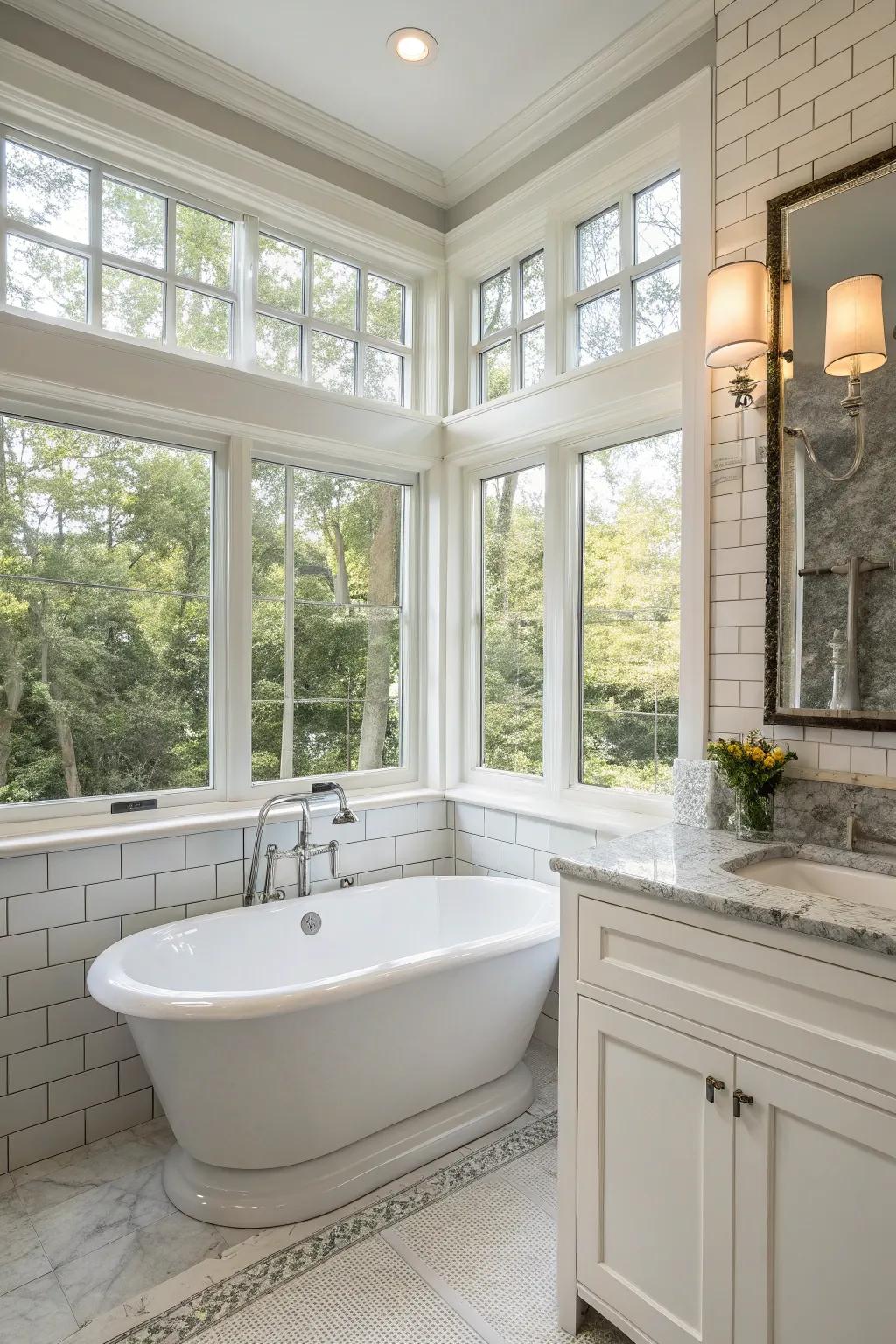Bay windows adding classic elegance to the bathroom.