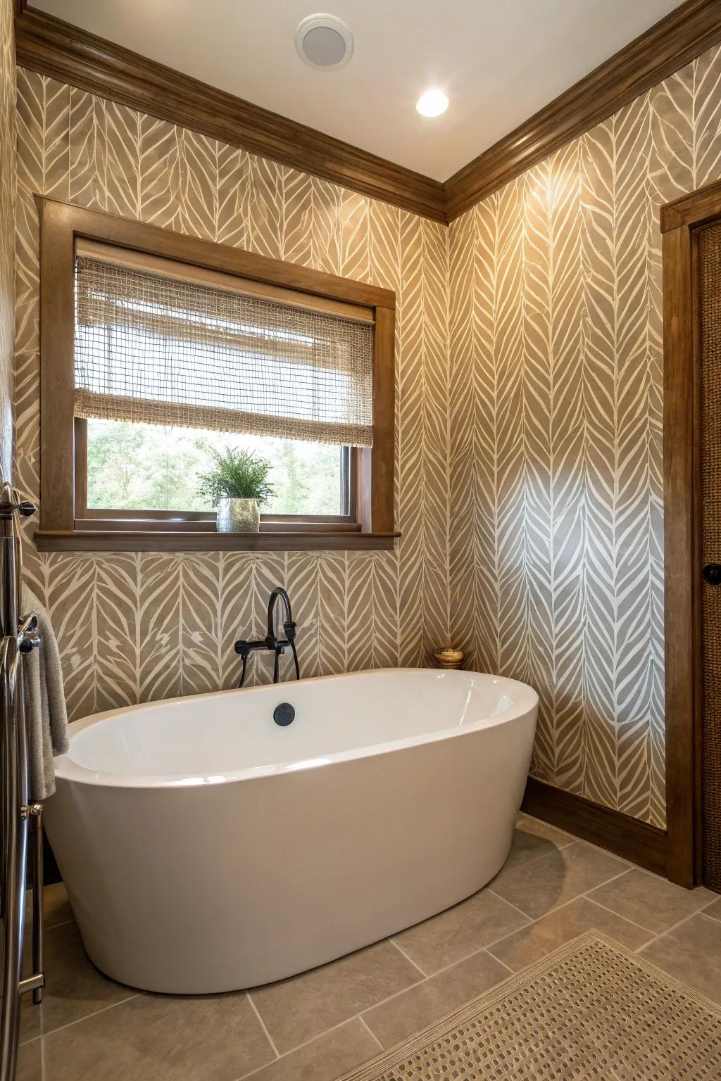 Textured wallpaper elevates your bathtub precinct with dimension and vogue.