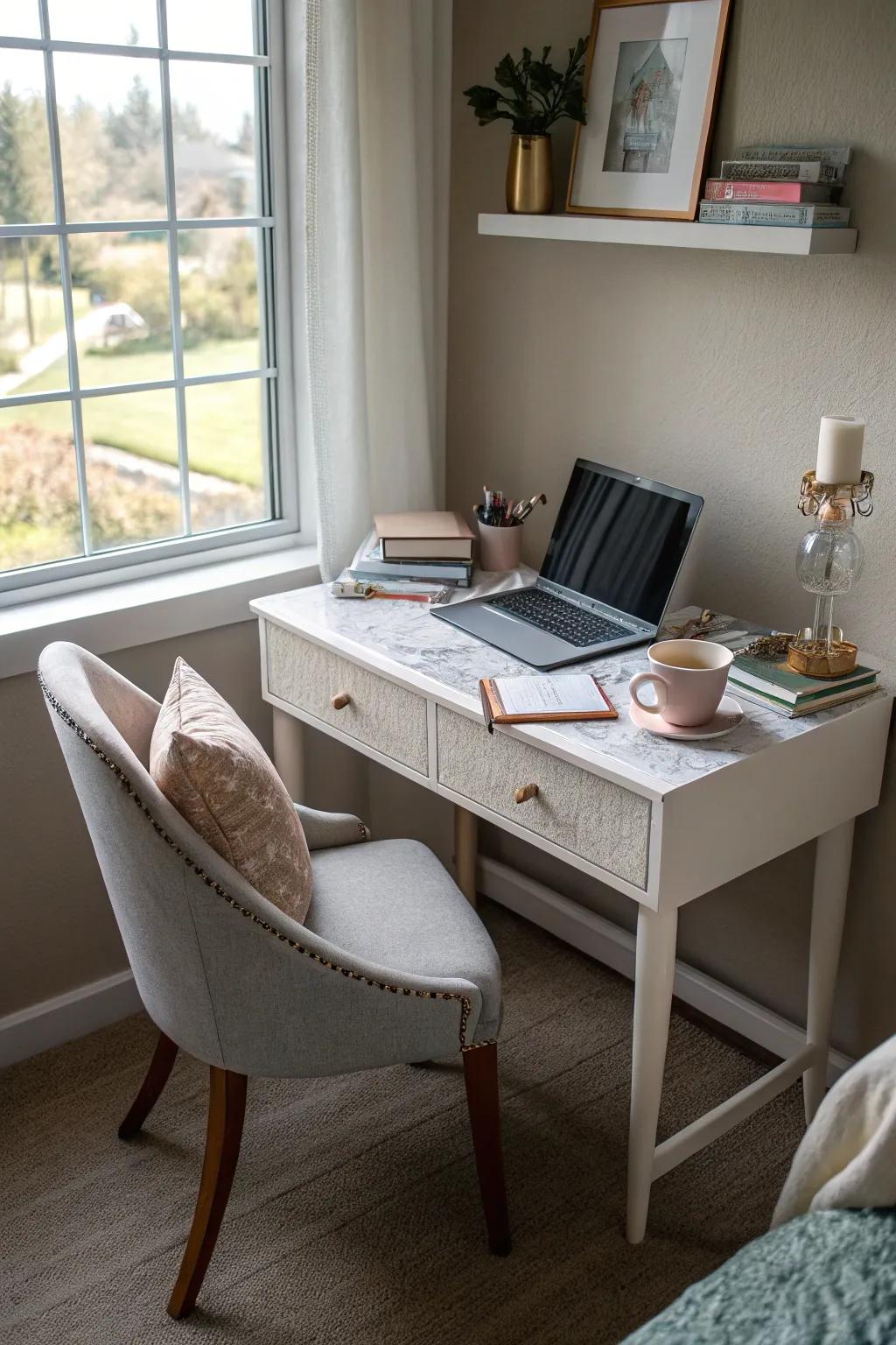 A corner desk creates a workspace.
