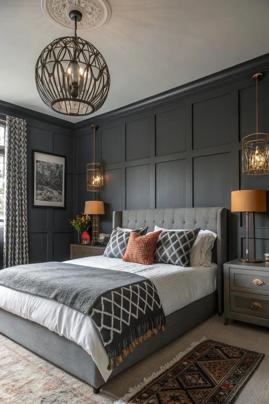 A sophisticated bedroom with charcoal gray walls that provide a modern and sleek backdrop.