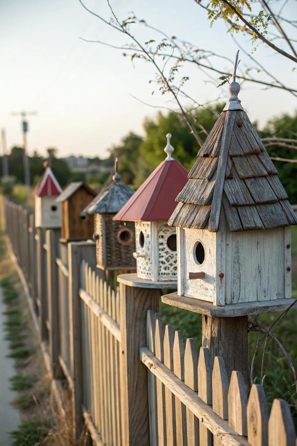 Funky roofs give birdhouses a unique and eye-catching look.