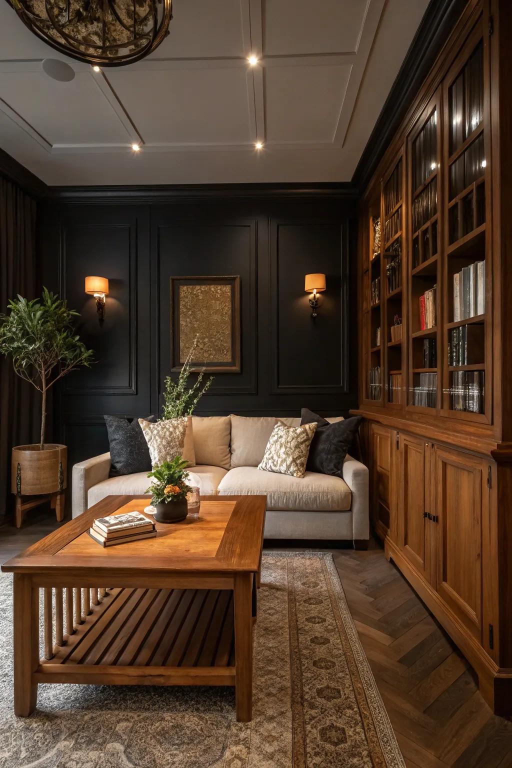 A cozy room featuring dark walls and warm wood tones, establishing a rich contrast.