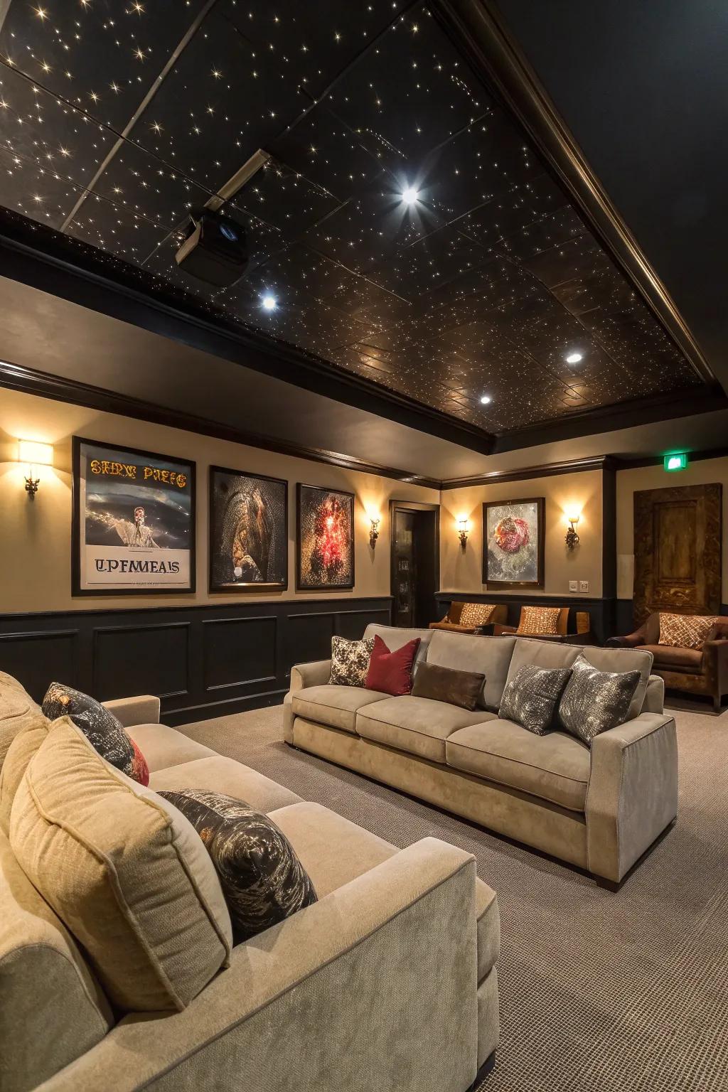 A cinematic space where a black ceiling enhances the movie experience.