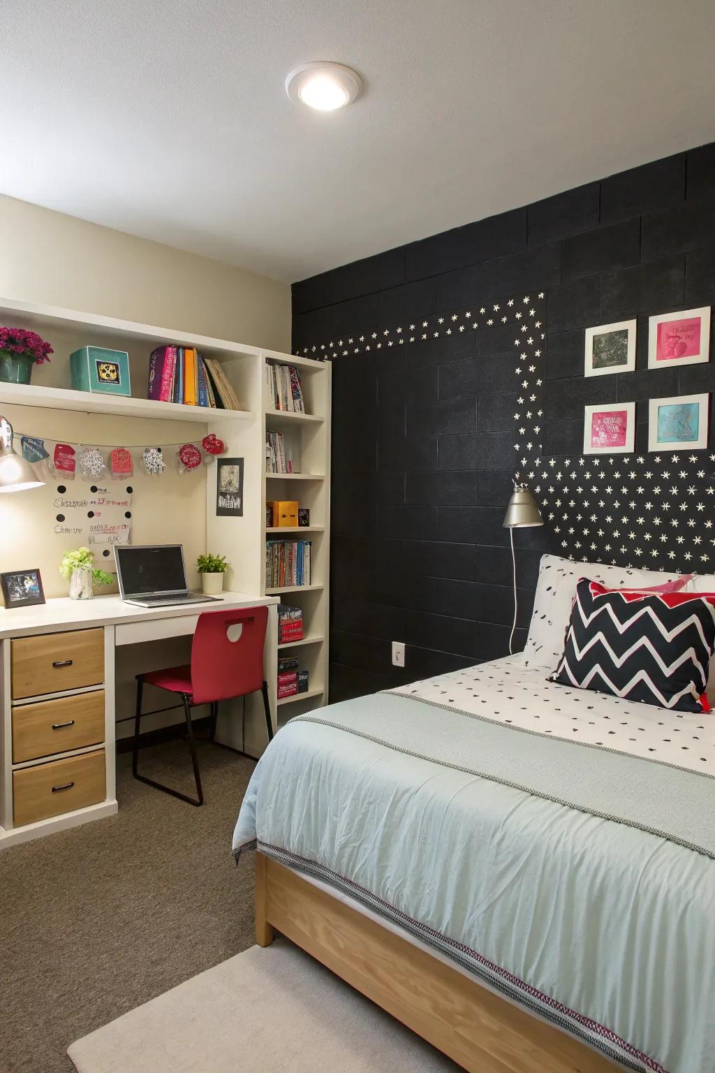 A bold dark accent wall adds drama and depth to the student room.