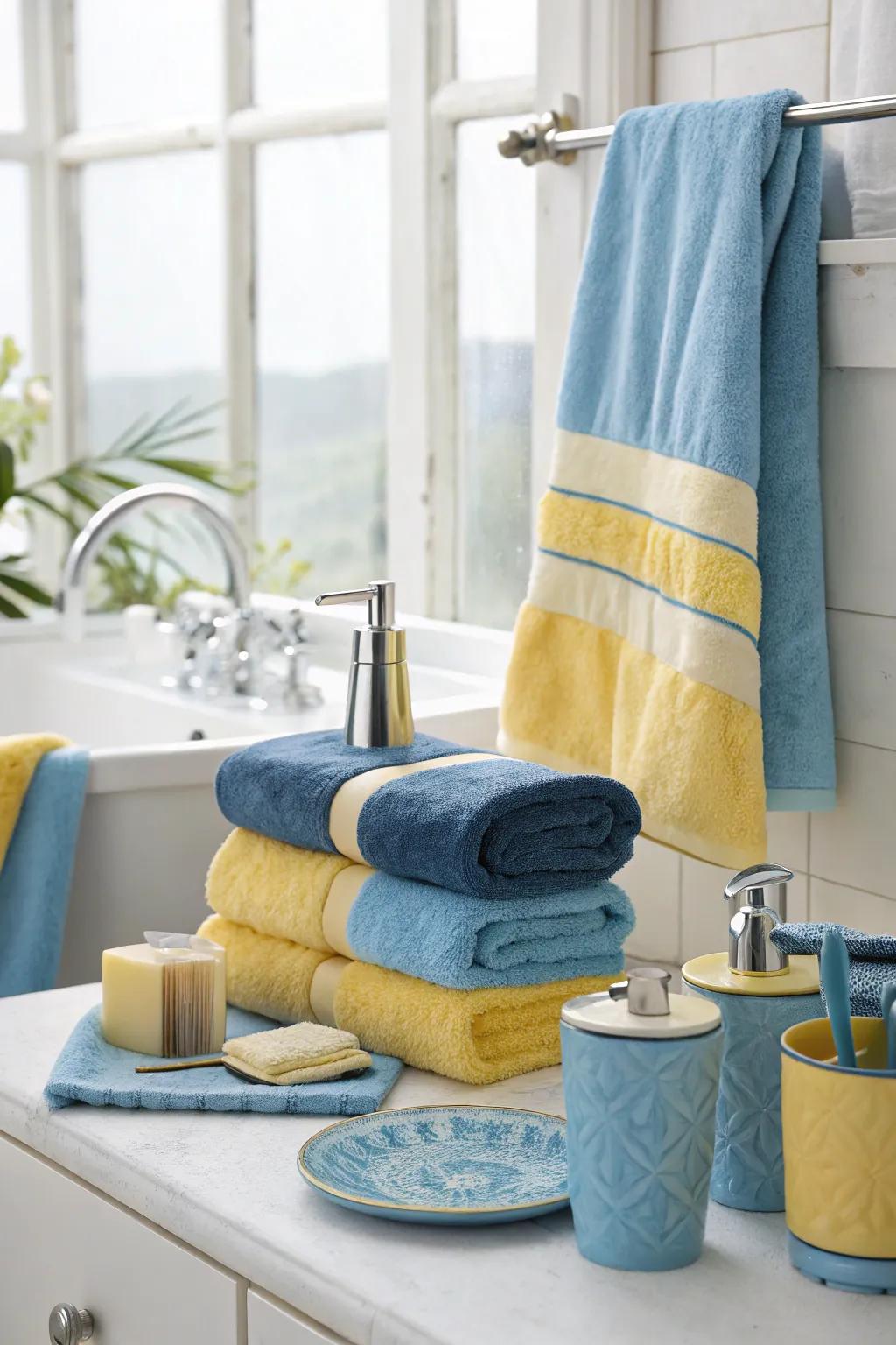 A personal bathing space enhanced with azure and amber cloths, cultivating a tranquil ambiance.