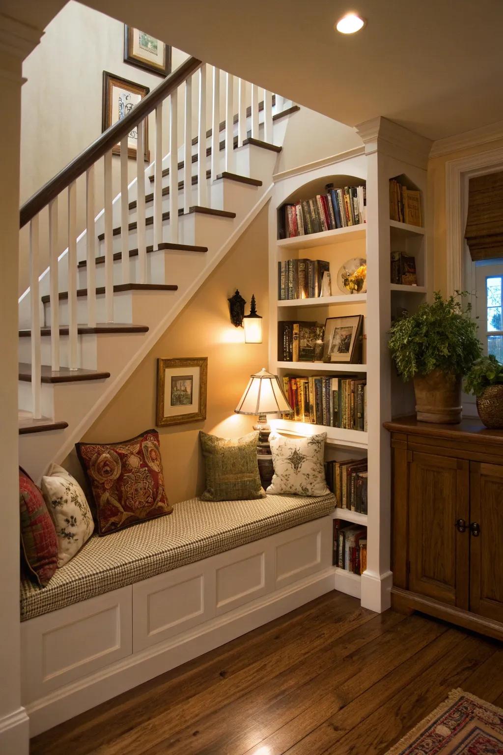 A snug reading spot tucked under a stairway.