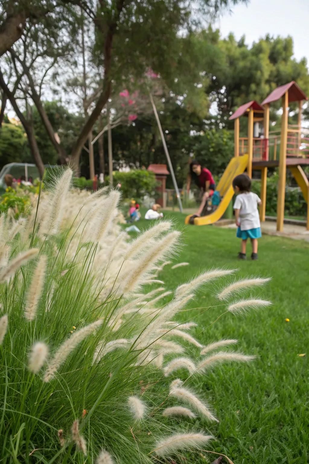 Fuzzy Tops grass offers a gentle, fun sensation for kids.