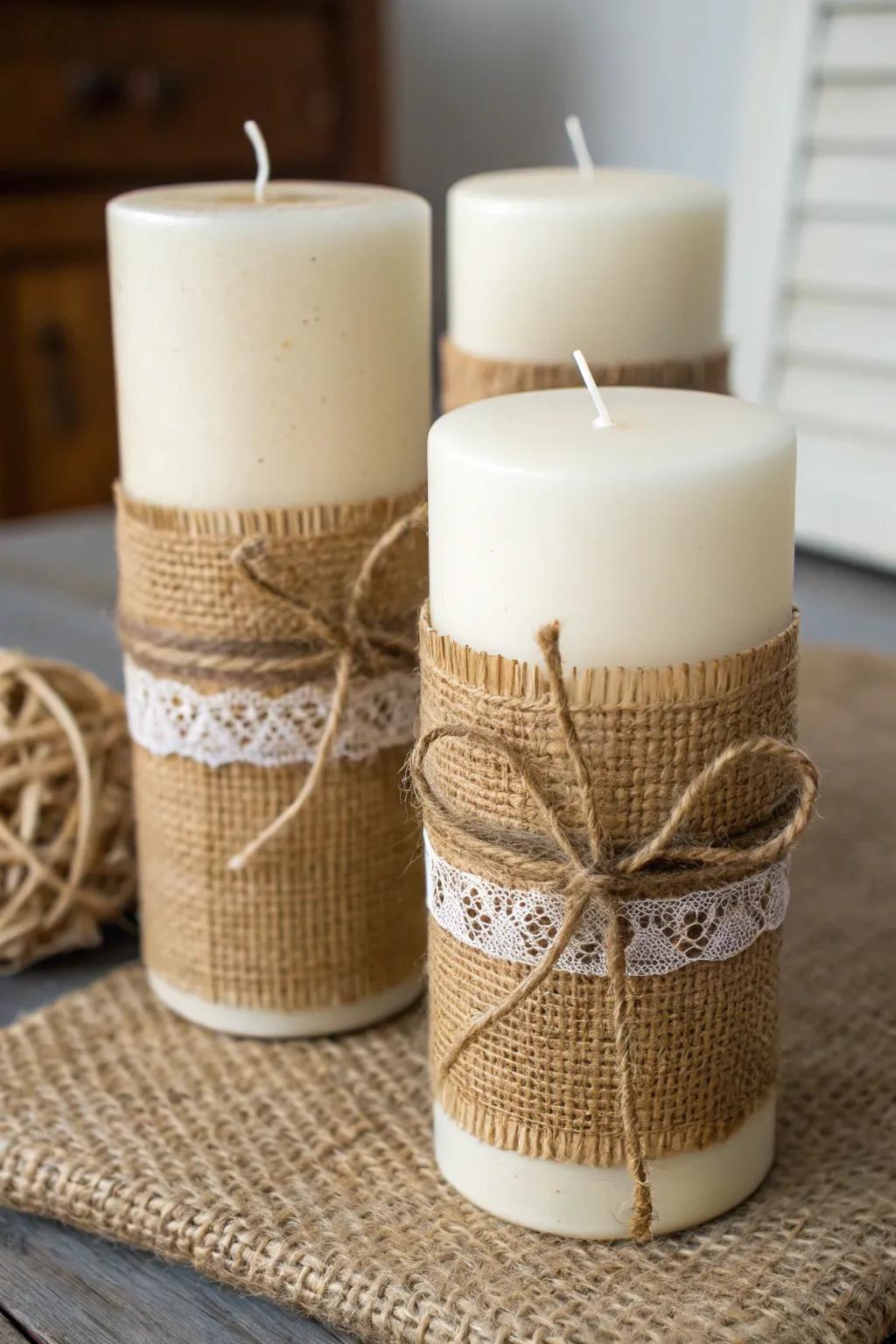Burlap wraps add a cozy touch to candles.