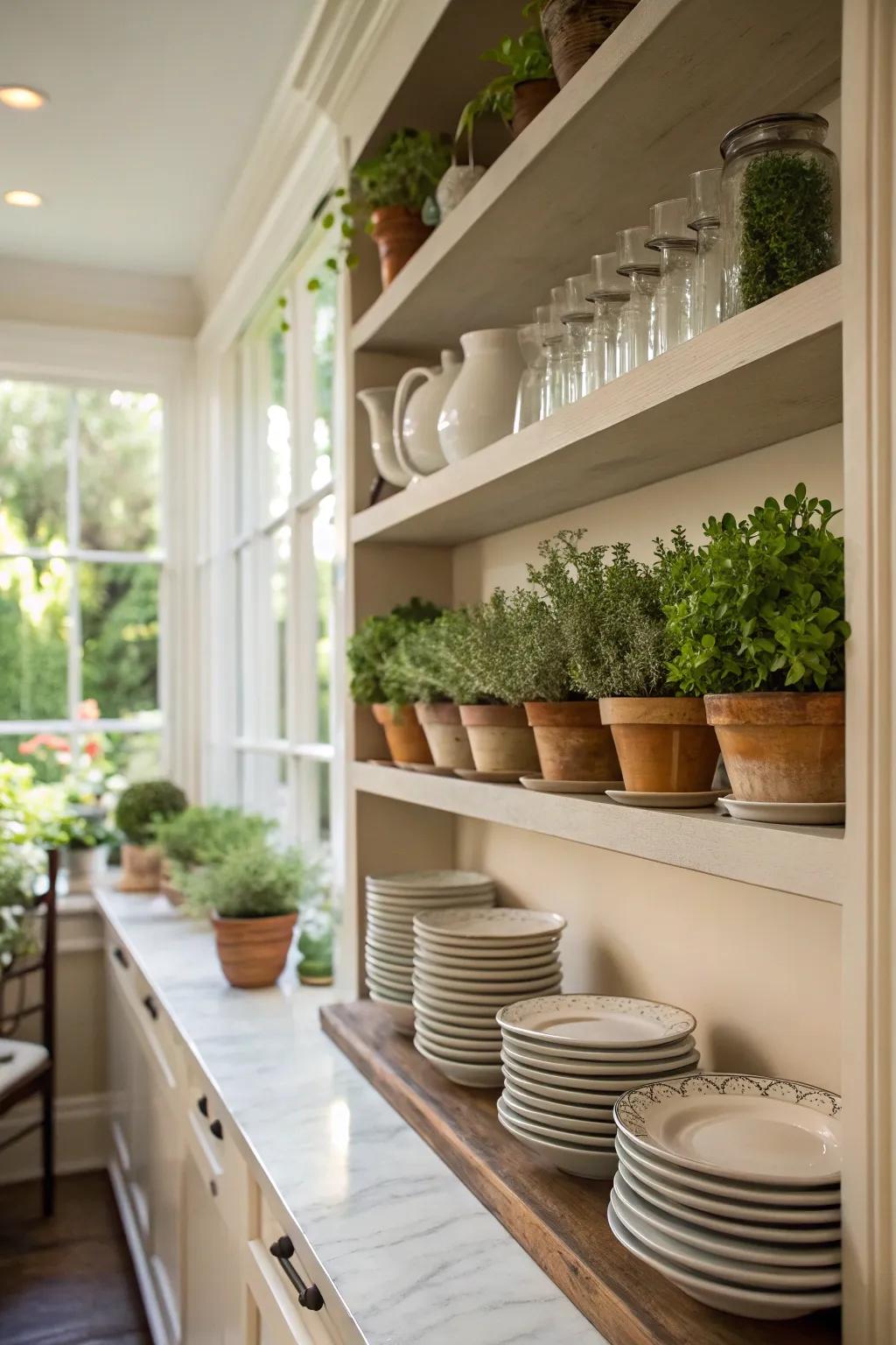 Green elements introduce a fresh, natural feeling to the pantry.