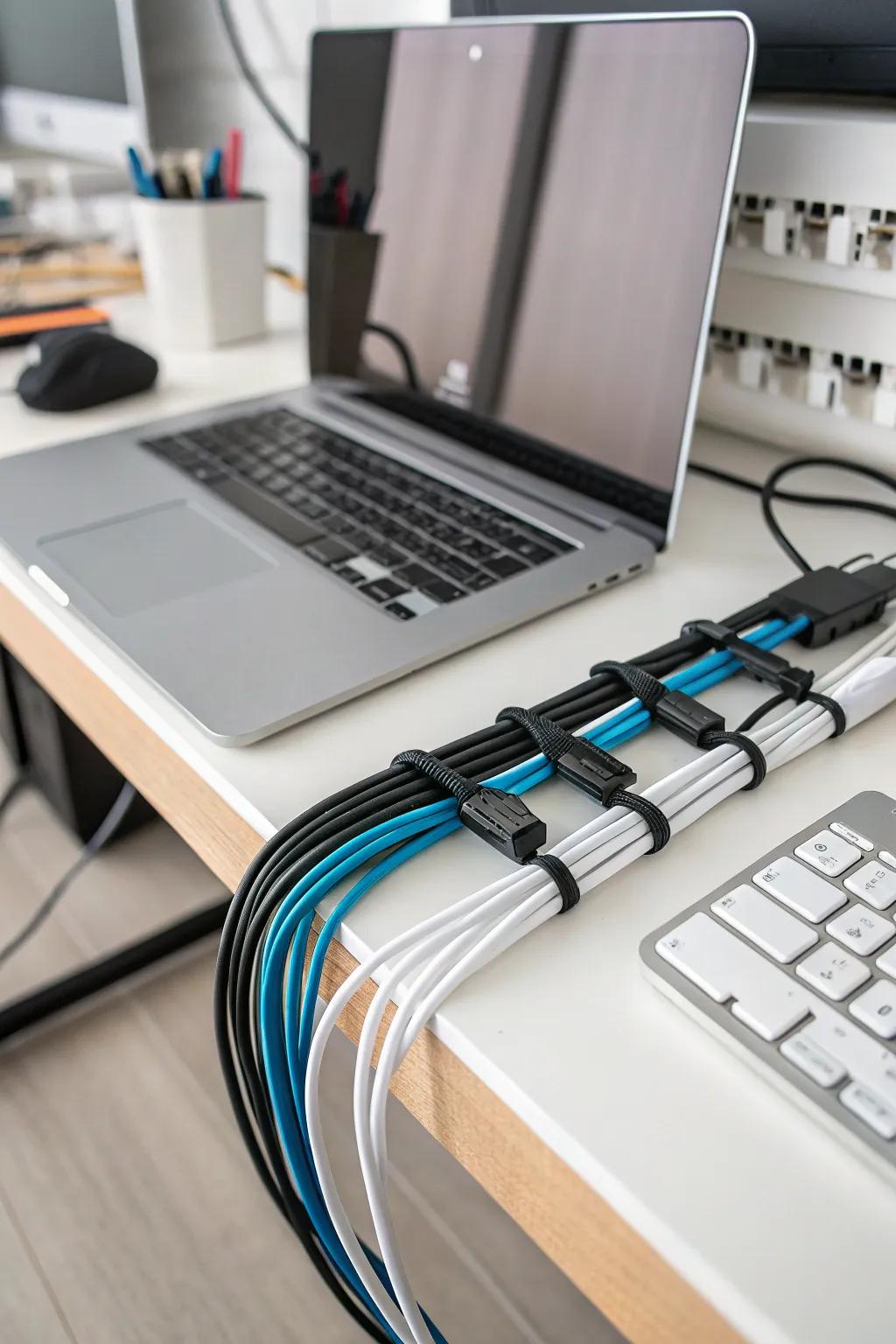 Zip ties and cable fasteners securing cables.