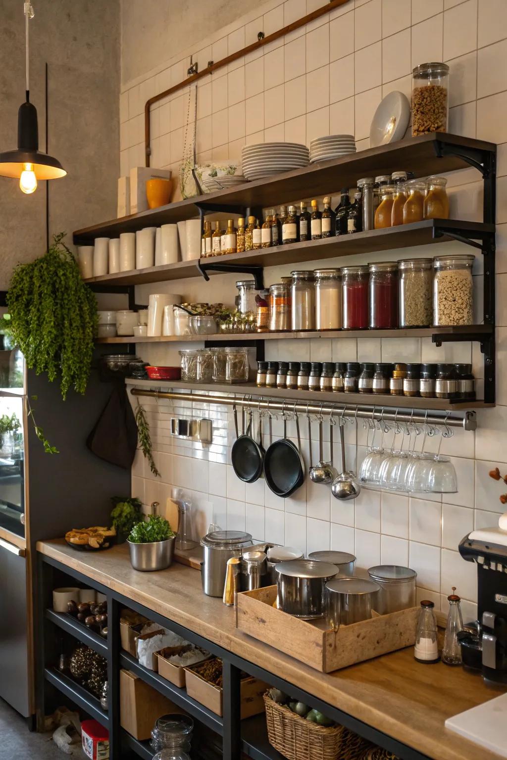 Utilizing vertical space in a cafe kitchen for maximum efficiency.