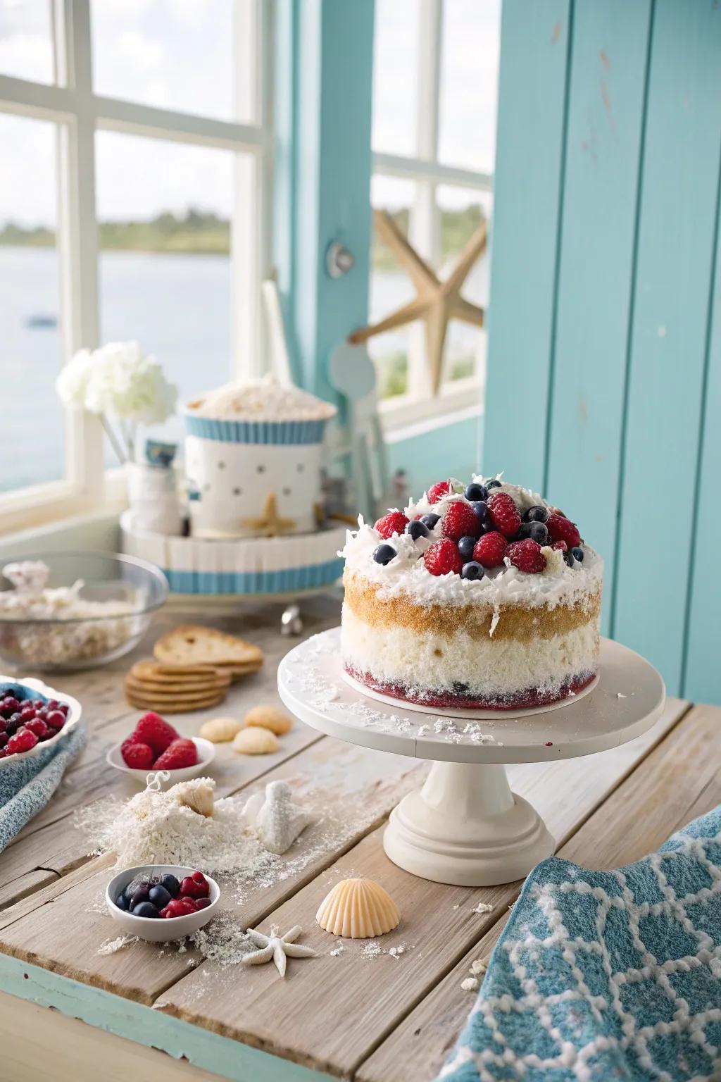 A coconut berry cake is a tropical delight.