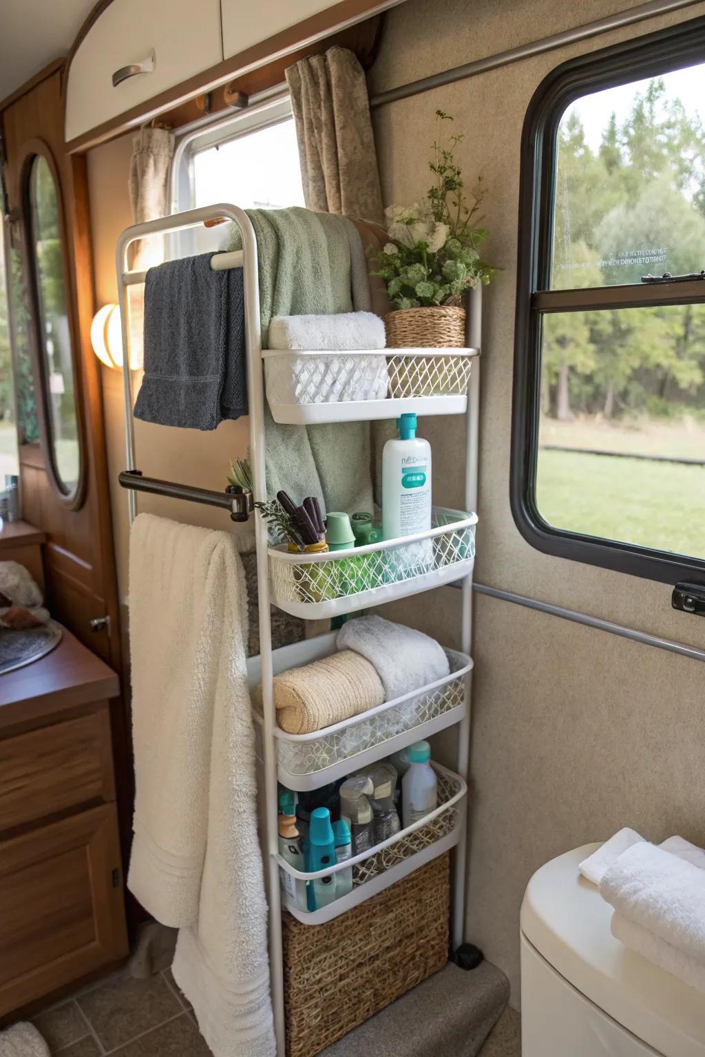 Over-the-toilet rack utilizing space efficiently in a camper bathroom.