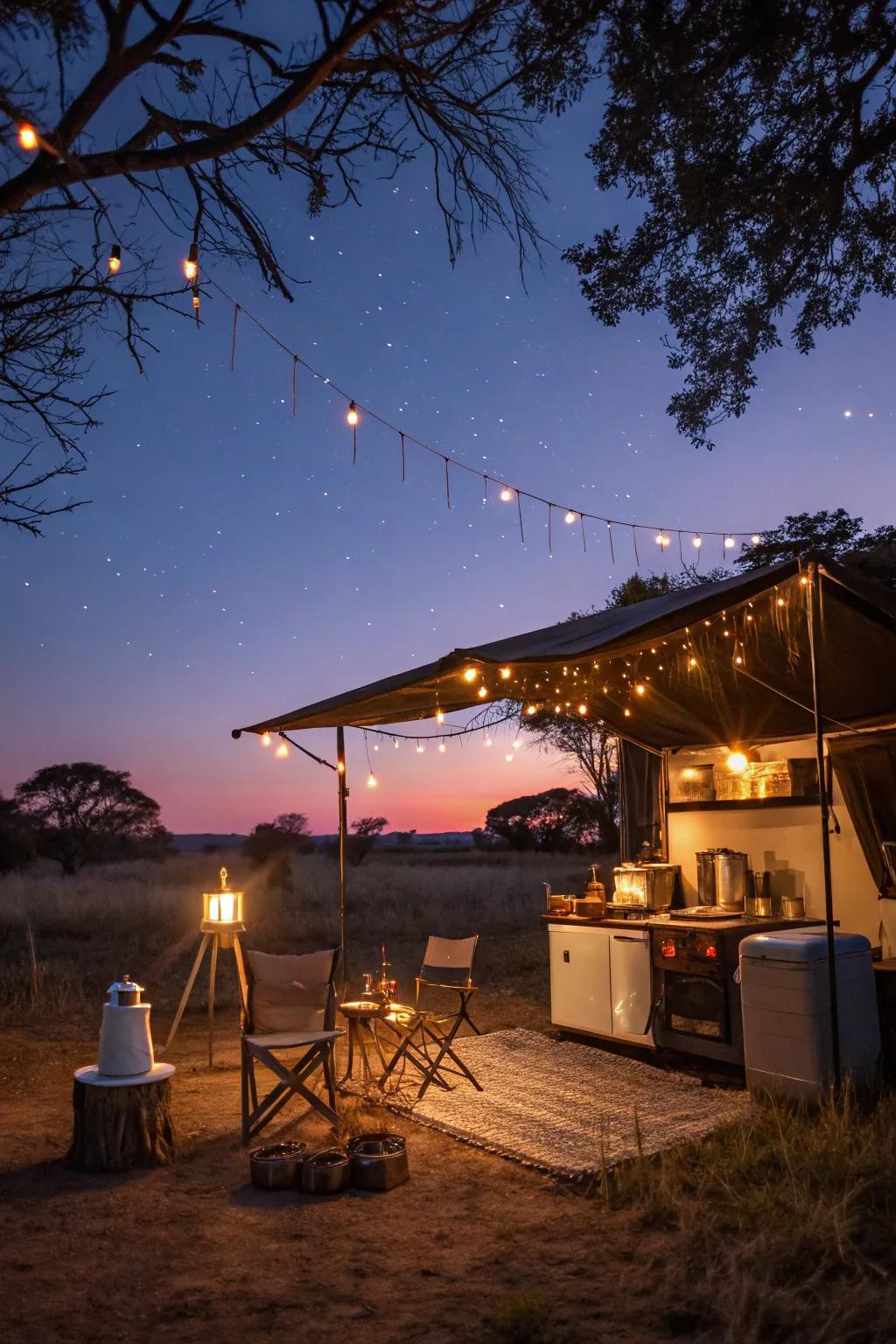 Establish a warm ambiance with solar lights and fairy lights.