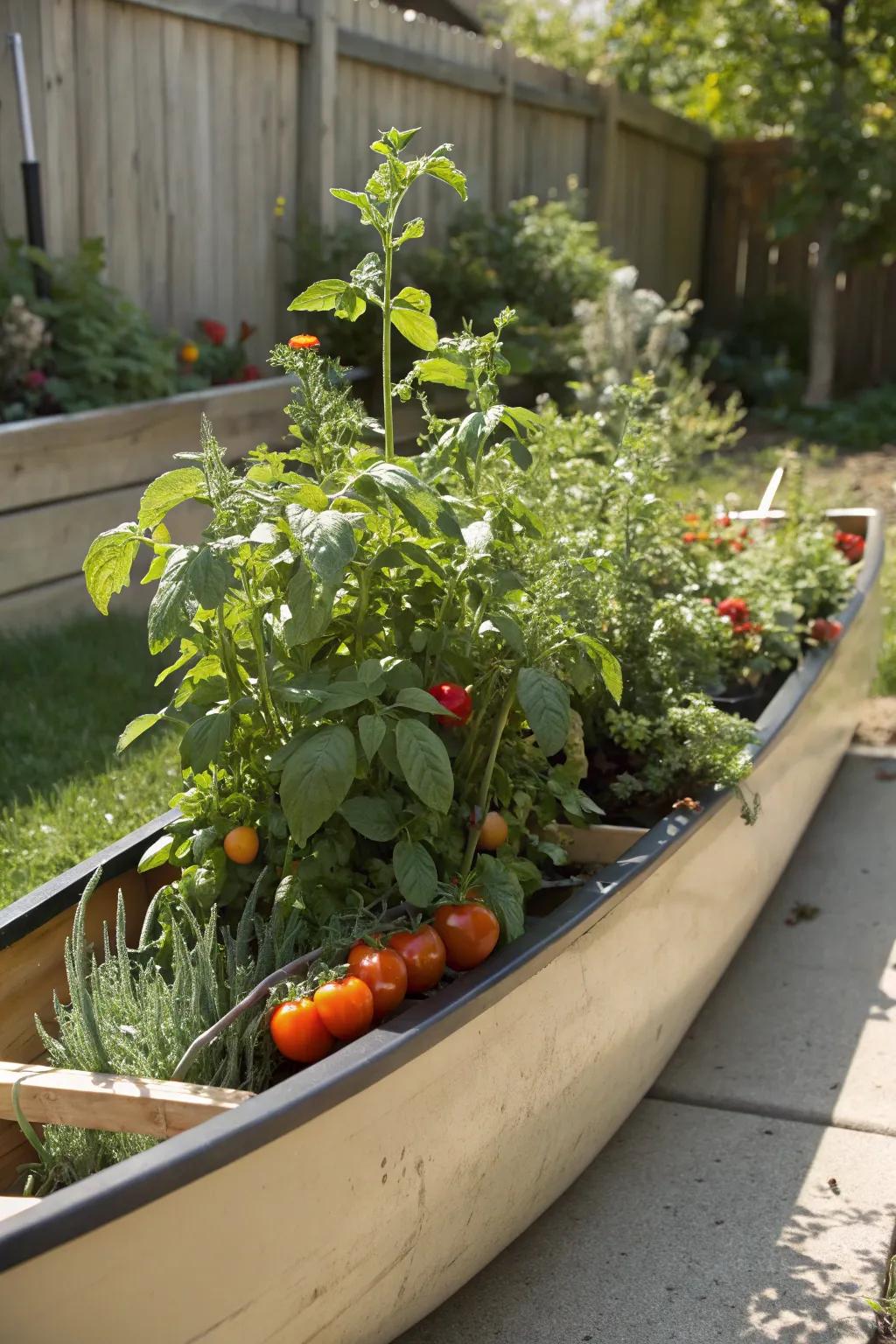 A canoe planter doubles as an edible garden, perfect for fresh produce.