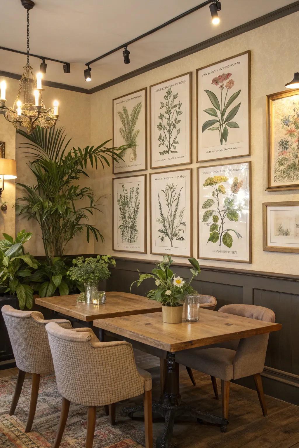 Botanical prints offer an elegant and natural aesthetic.