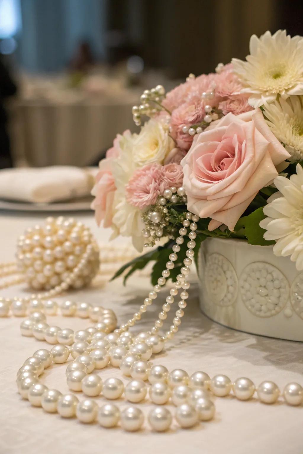 Elegant pearl and floral centerpiece.