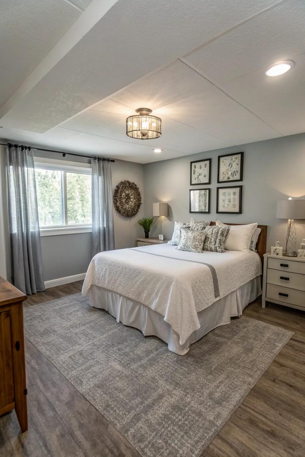 Glue-less synthetic squares provide a quick and stylish update for basement guest rooms.