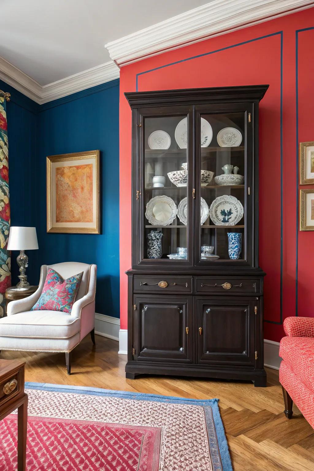 Vivid colors surrounding a display case, making it a standout element.