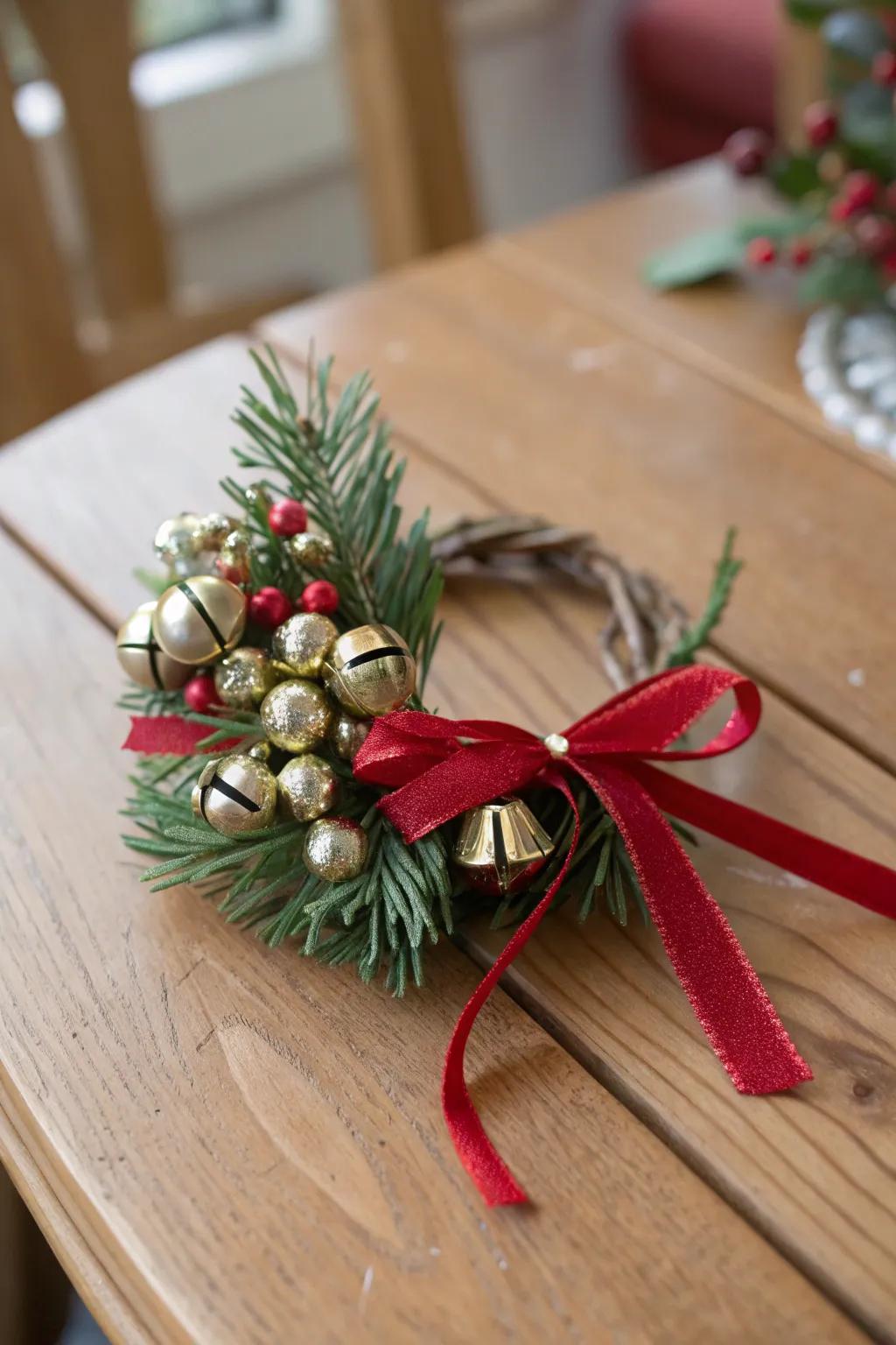 A cheerful Christmas corsage with tiny holiday bells.