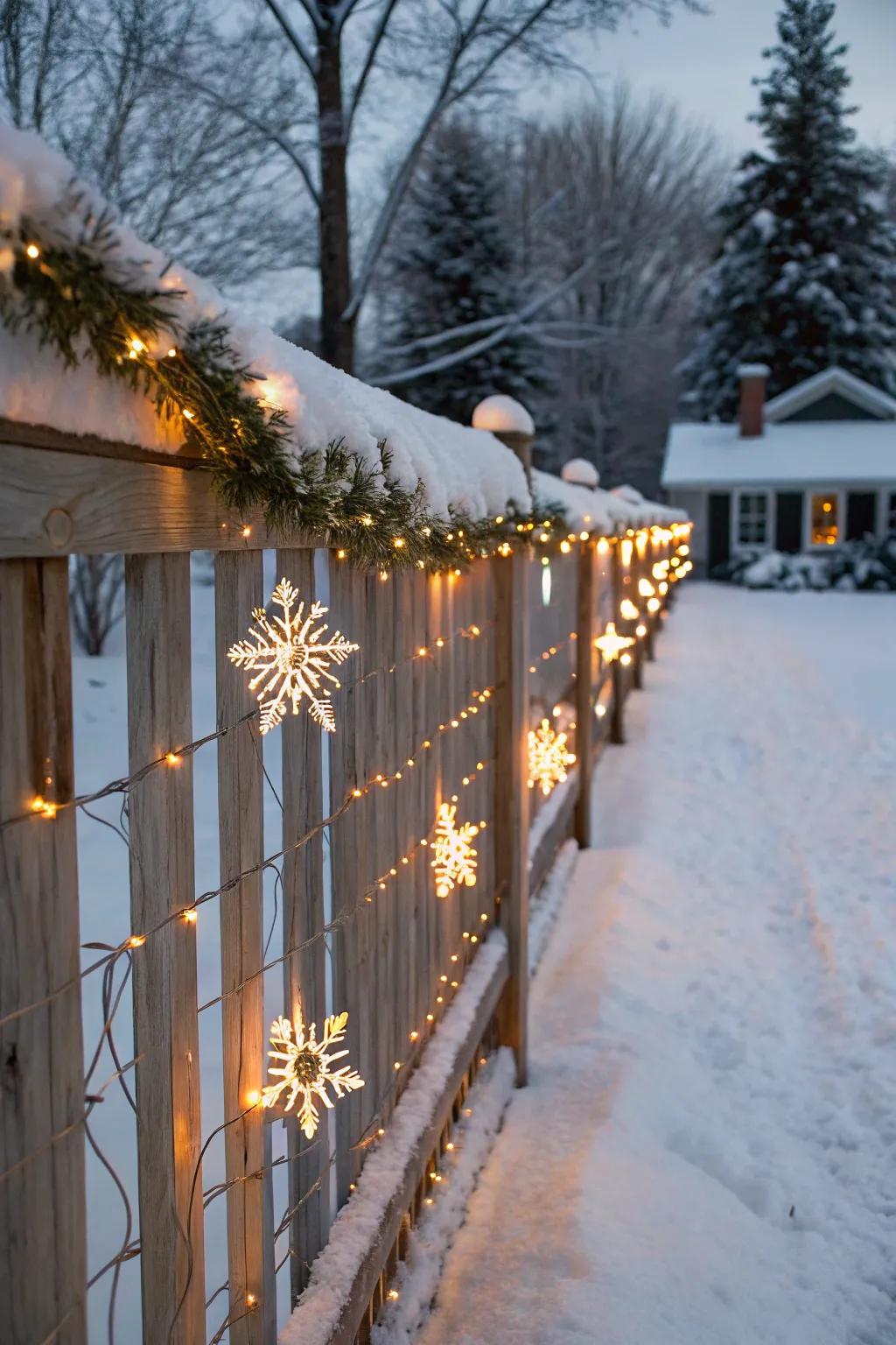 Rope light snowflakes enhancing a festive fence decoration.