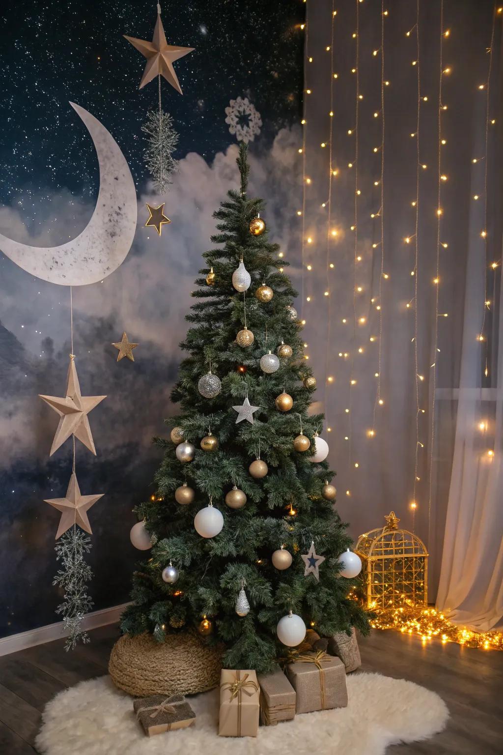 Cosmic enchantment transmutes your tree into a starlit expanse spectacle.