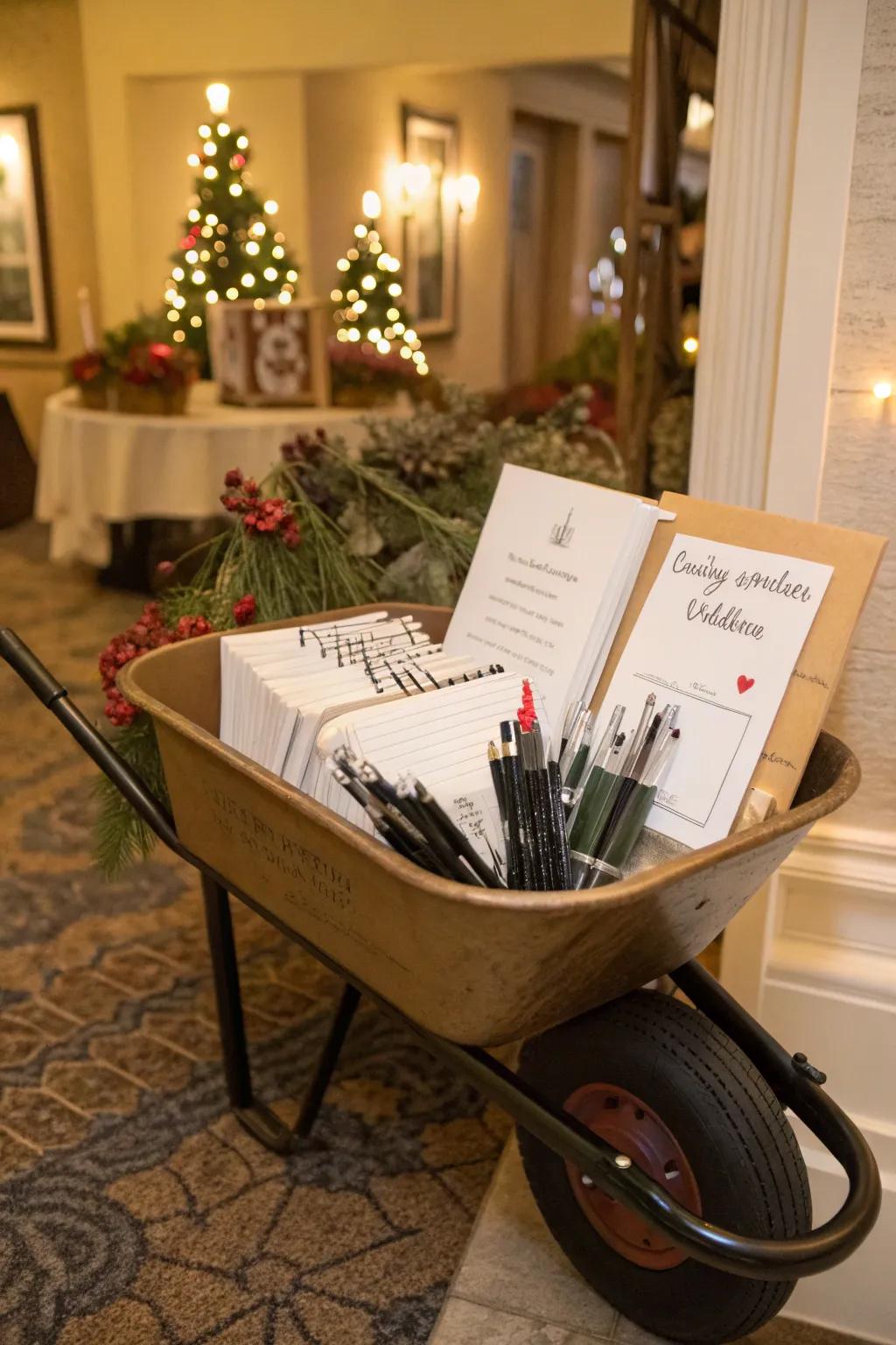 A wheelbarrow inviting holiday wishes from guests.