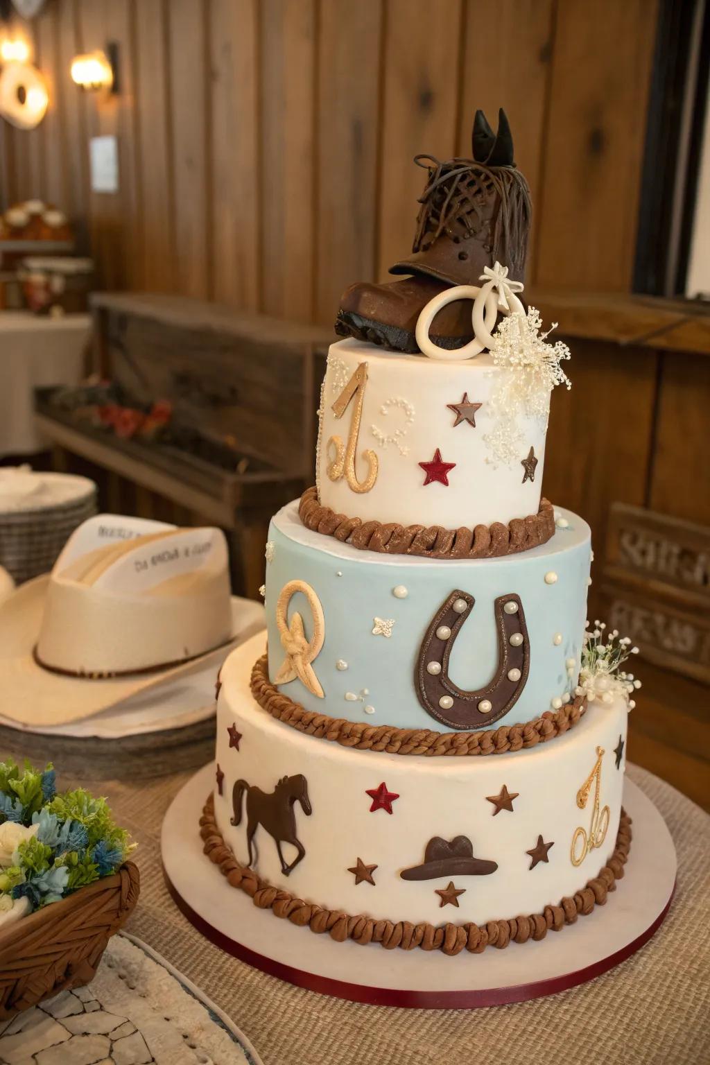 A horseshoe design appends a lucky appeal to this cowgirl baby shower cake, bringing good fortune and joy.
