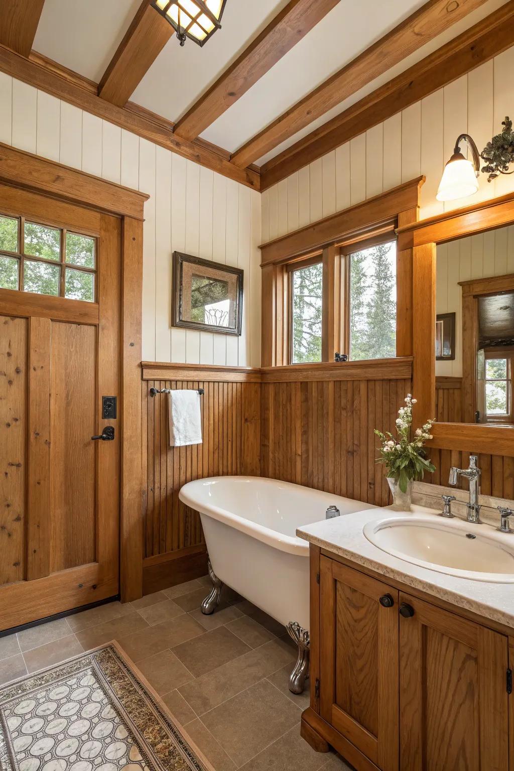 Textured wooden wainscoting adding depth to the craftsman bathroom.
