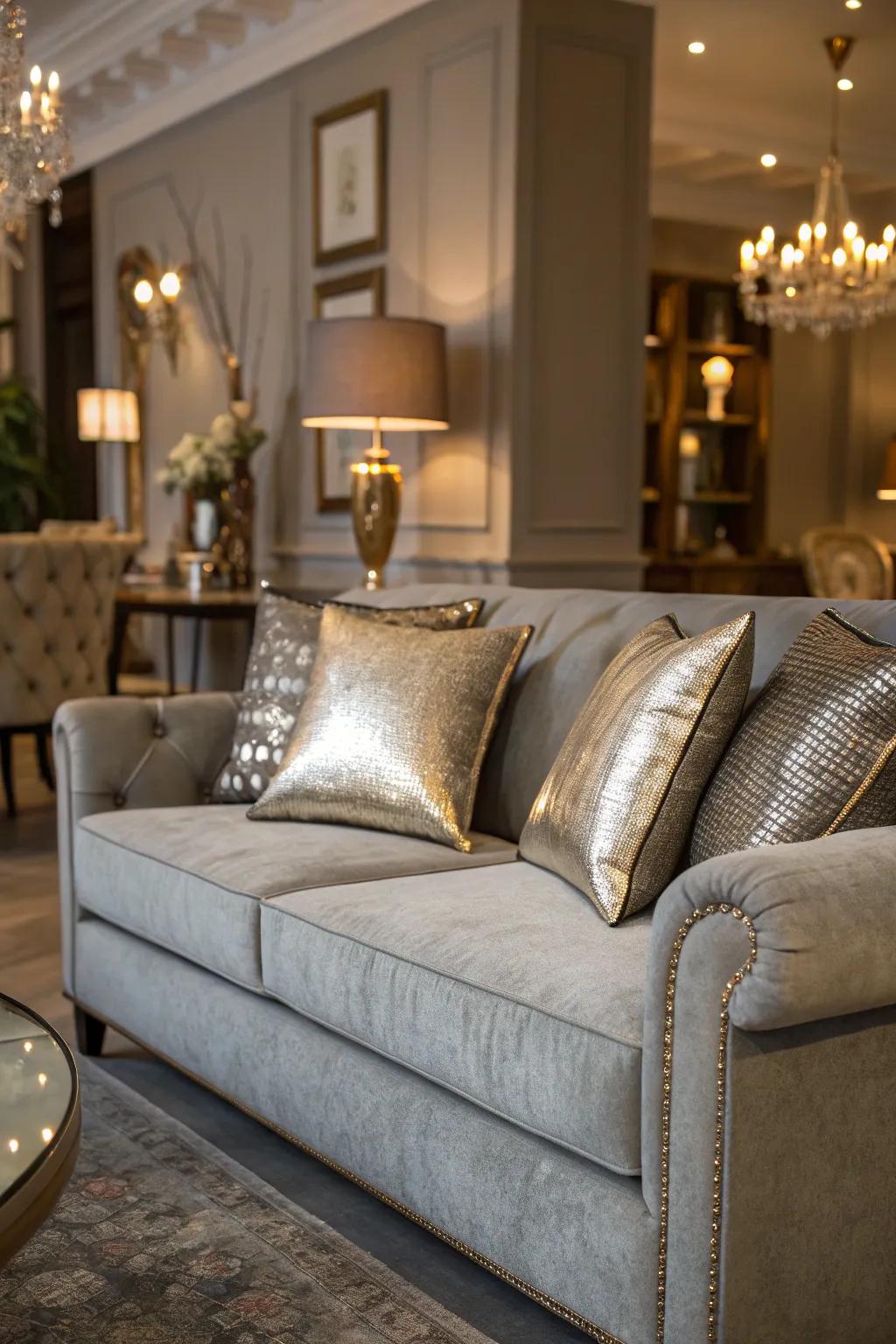 Radiant pillows incorporate glamour and sophistication onto a charcoal sofa.