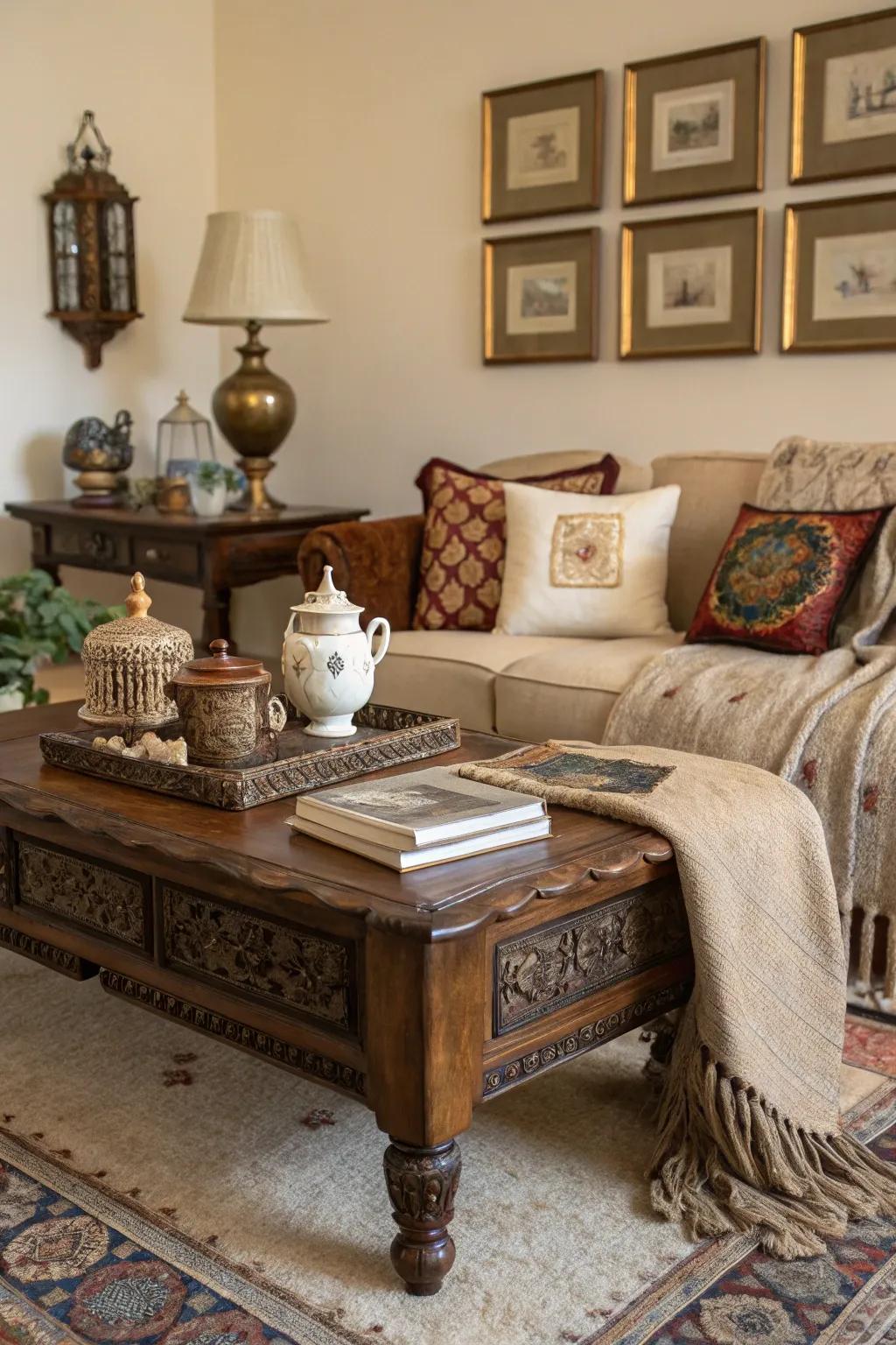 Vintage finds add character and charm to your living room.