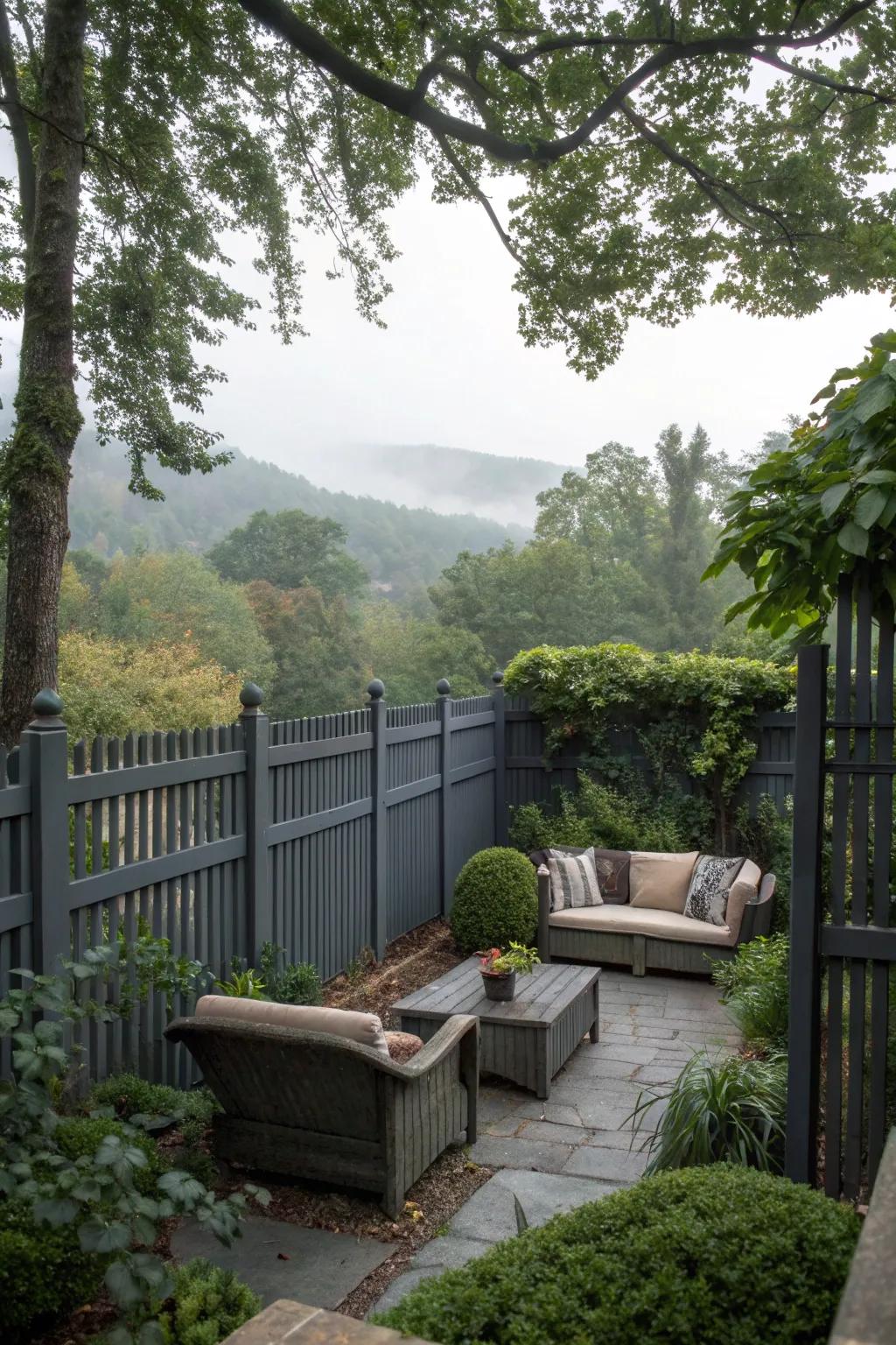 A secluded garden getaway with a deep charcoal barrier and lush greenery.