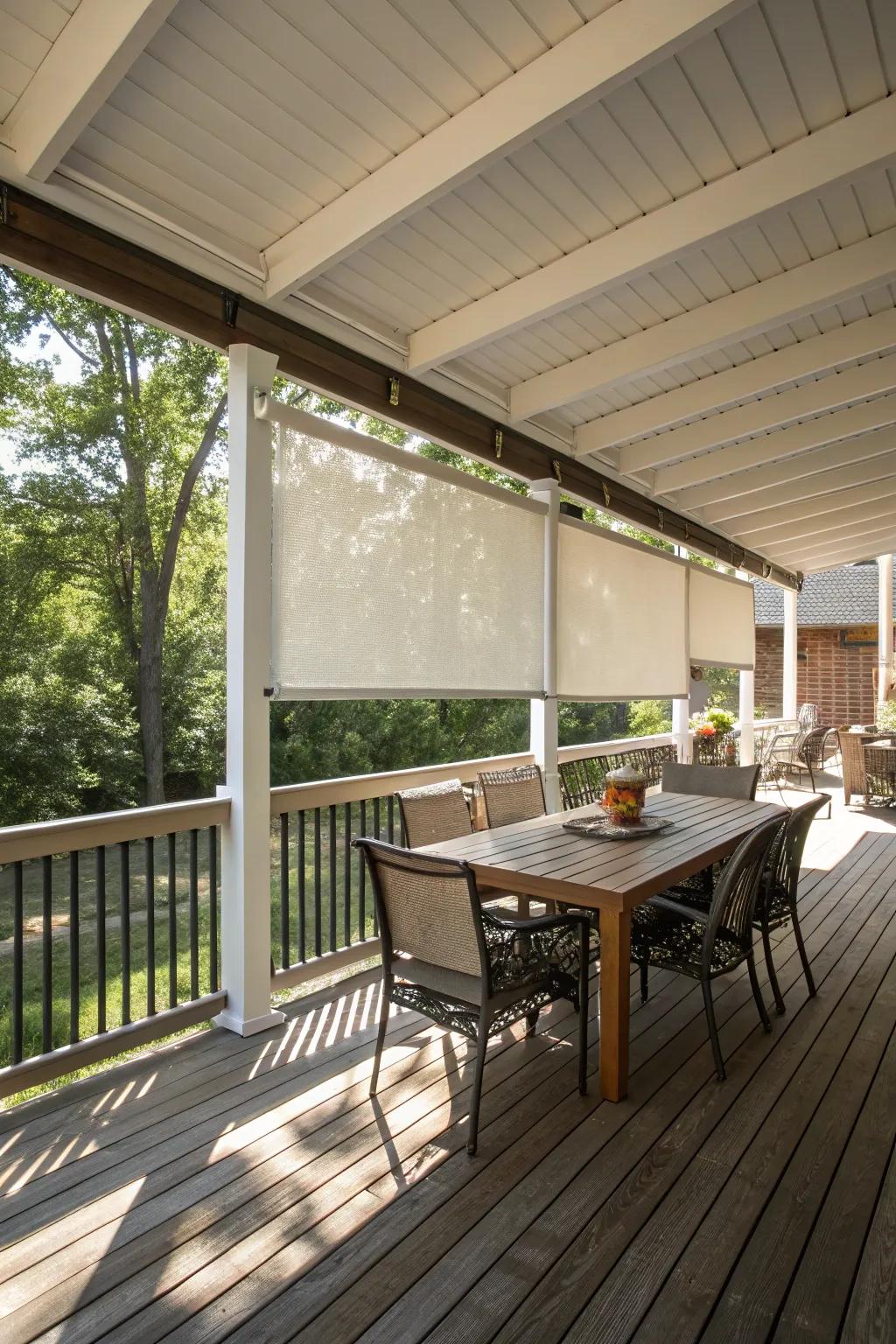 Blinds offer versatile and practical shade management for decks.