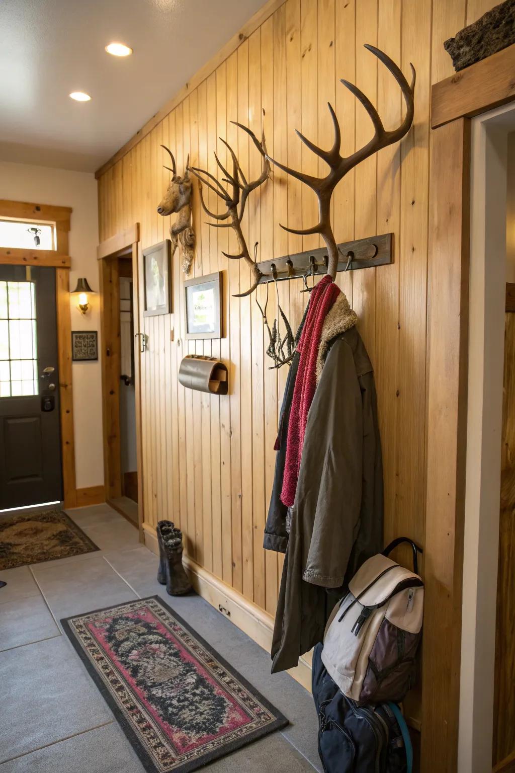 A rustic clothing hanger crafted from deer antlers offers a stylish entryway solution.